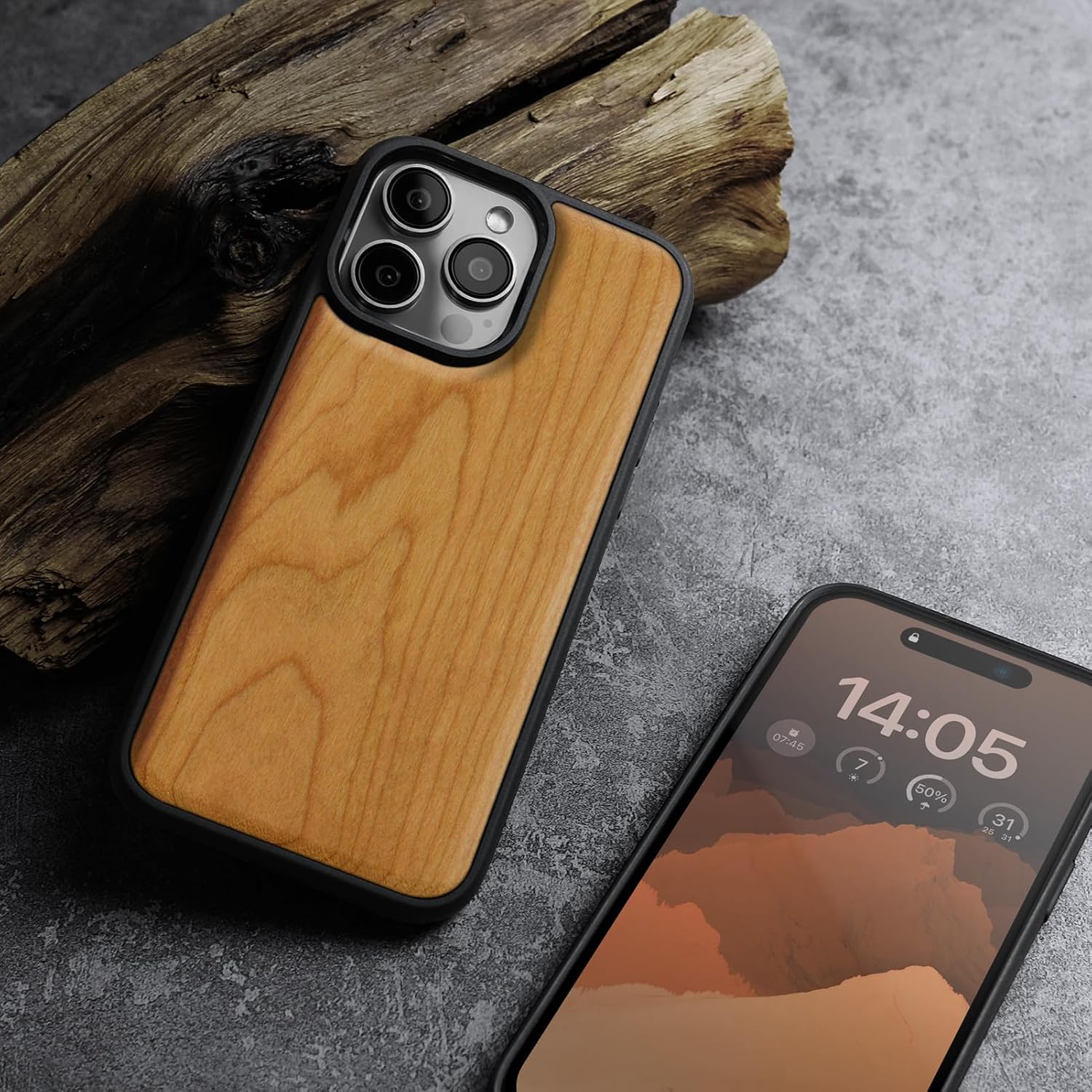 Carveit Magnetic Wooden Case for iPhone 16 Pro Case, Solid Wood & Black Soft TPU Shockproof Cover, Compatible with MagSafe Wireless Chargers (Natural Grain) Cherry