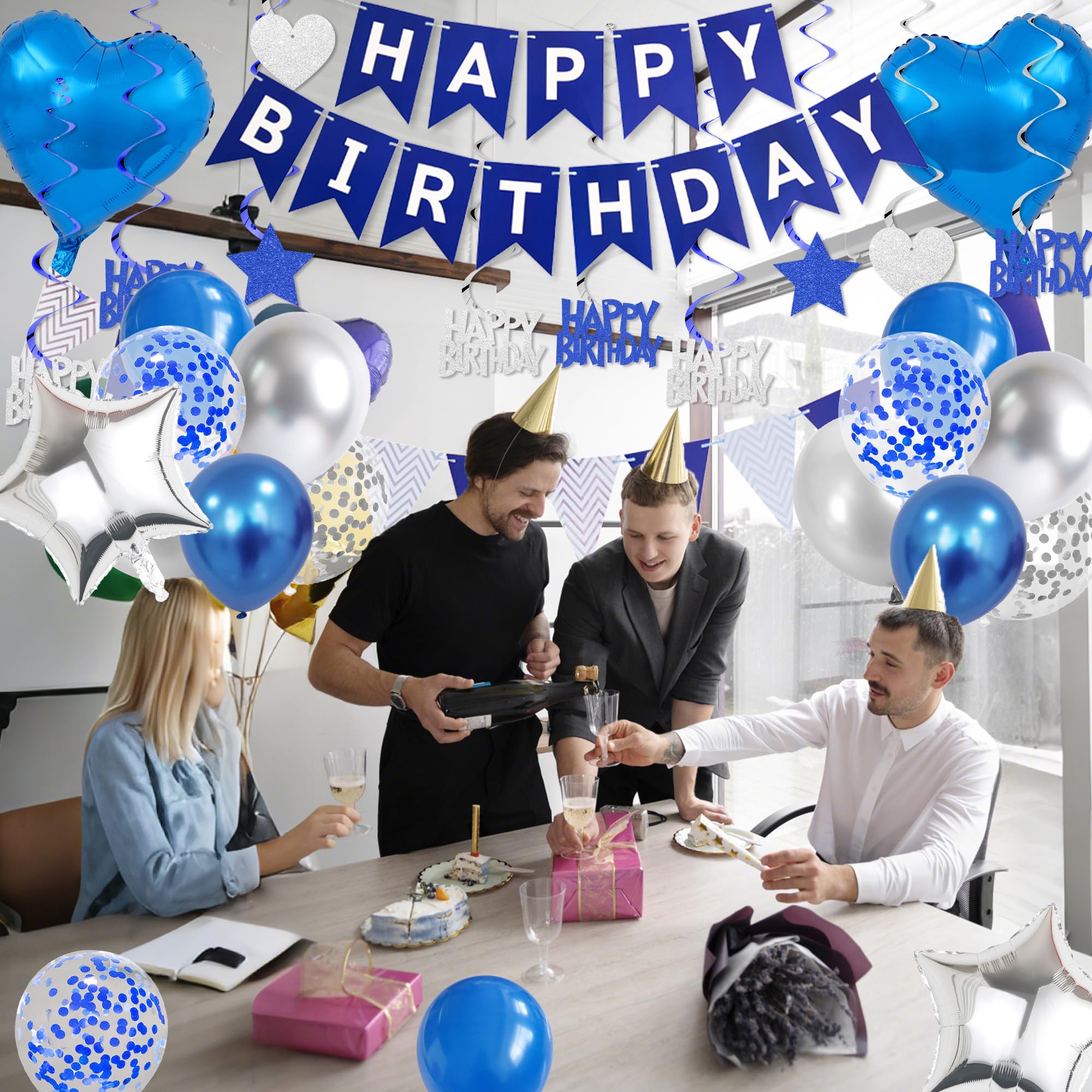 Geburtstag Party Dekoration Set – Blau-Silber Banner, Luftballons, Wimpel, Lametta Für Jungen/Männer