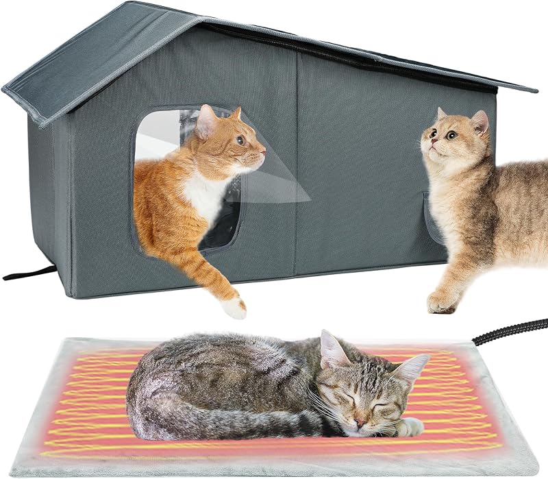 Casa Aquecida para Gatos MEWTOGO com Tecido Oxford Impermeável e Almofada Termostática 65,02 x 34,04 x 39,12 cm