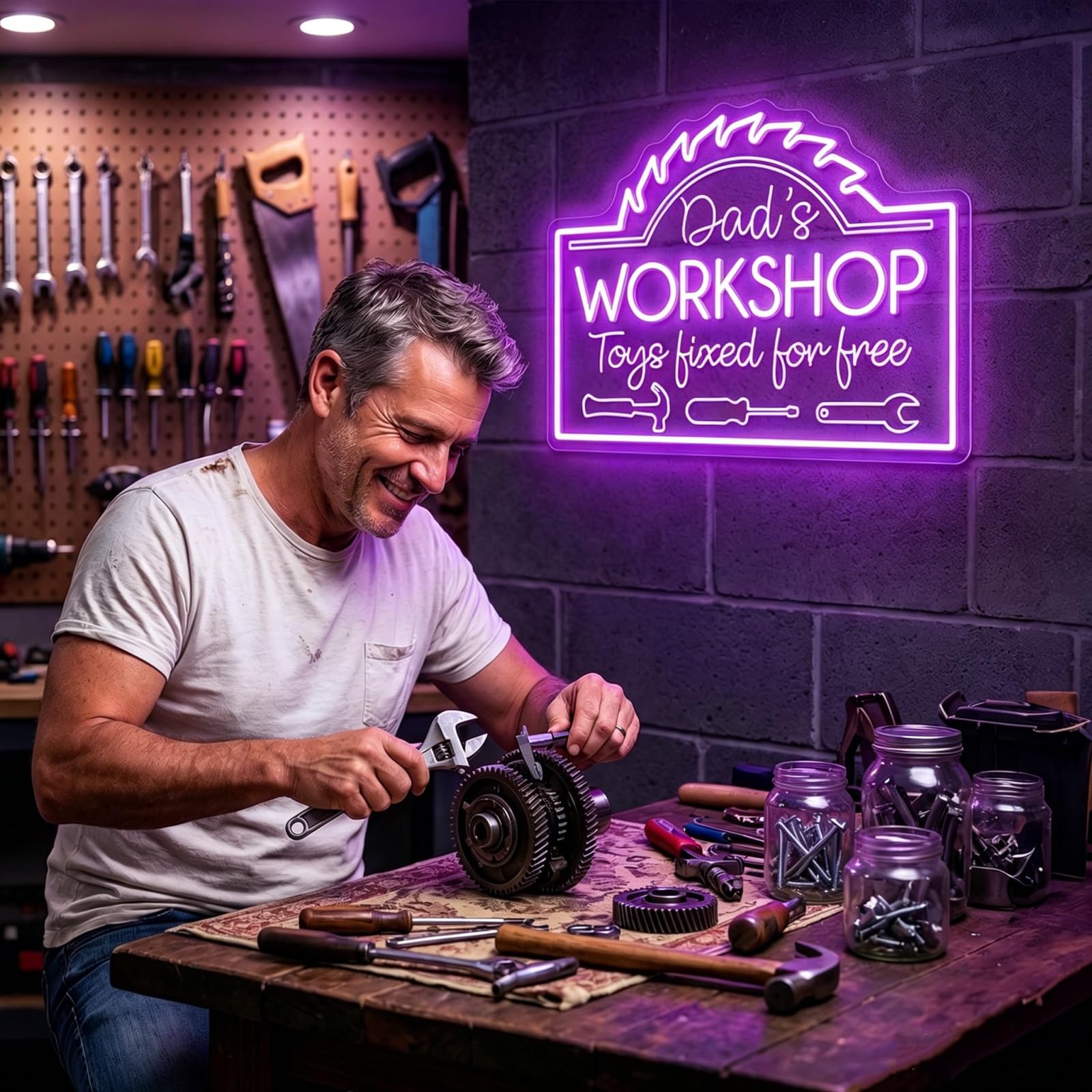 Targa al neon personalizzata con scritta "Dad's Workshop" per decorazione da parete, luce al neon per garage, sala hobby, officina, bar di casa, divertente regalo per la festa del papà per