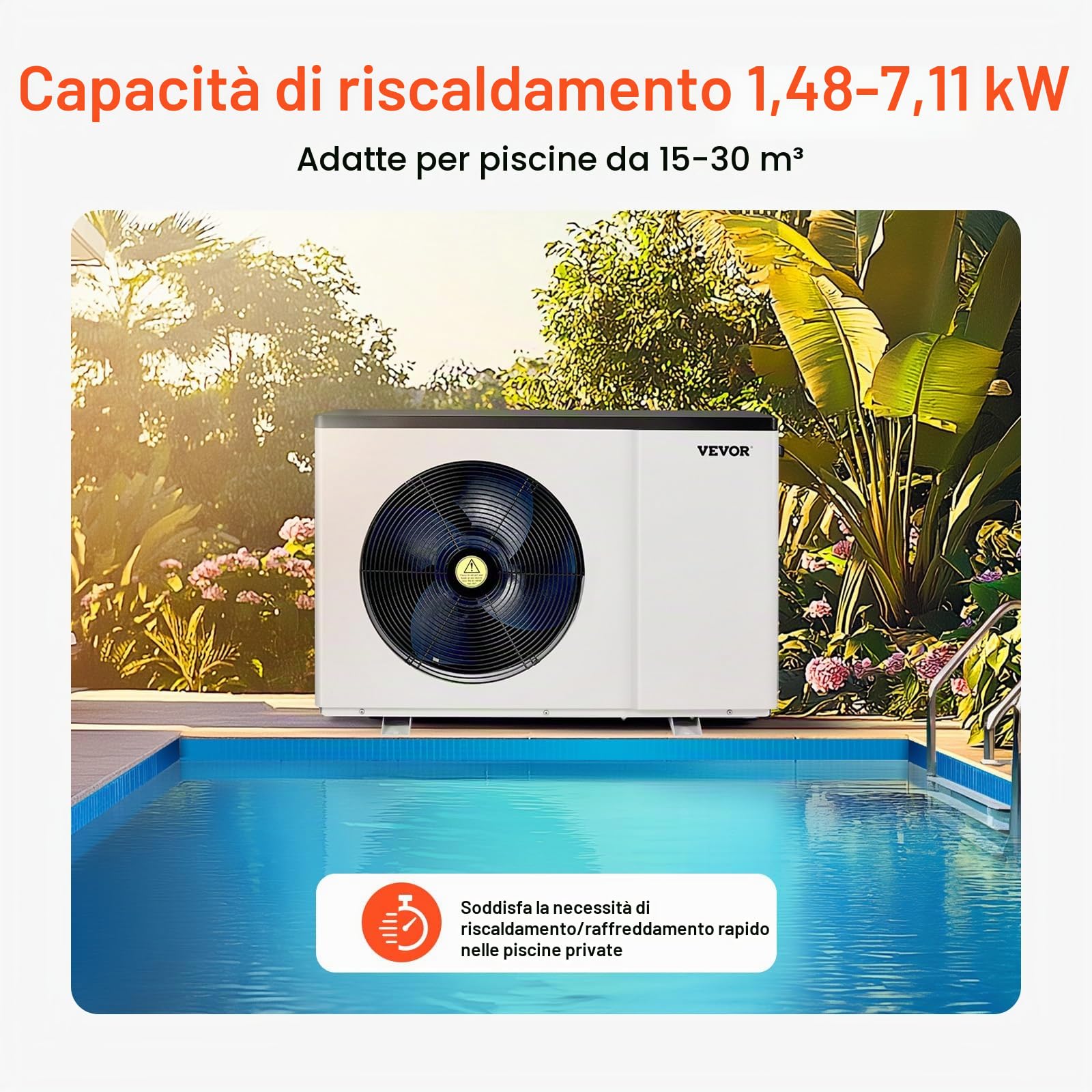 VEVOR Pompa di Calore Elettrica per Piscina, capacità 1,48-7,11 kW, Riscaldatori Frequenza Variabile a Risparmio Energetico Piscine Fuori Terra 15-30 m³, Riscaldamento Scaldabagno AC 220-240 V 50 Hz