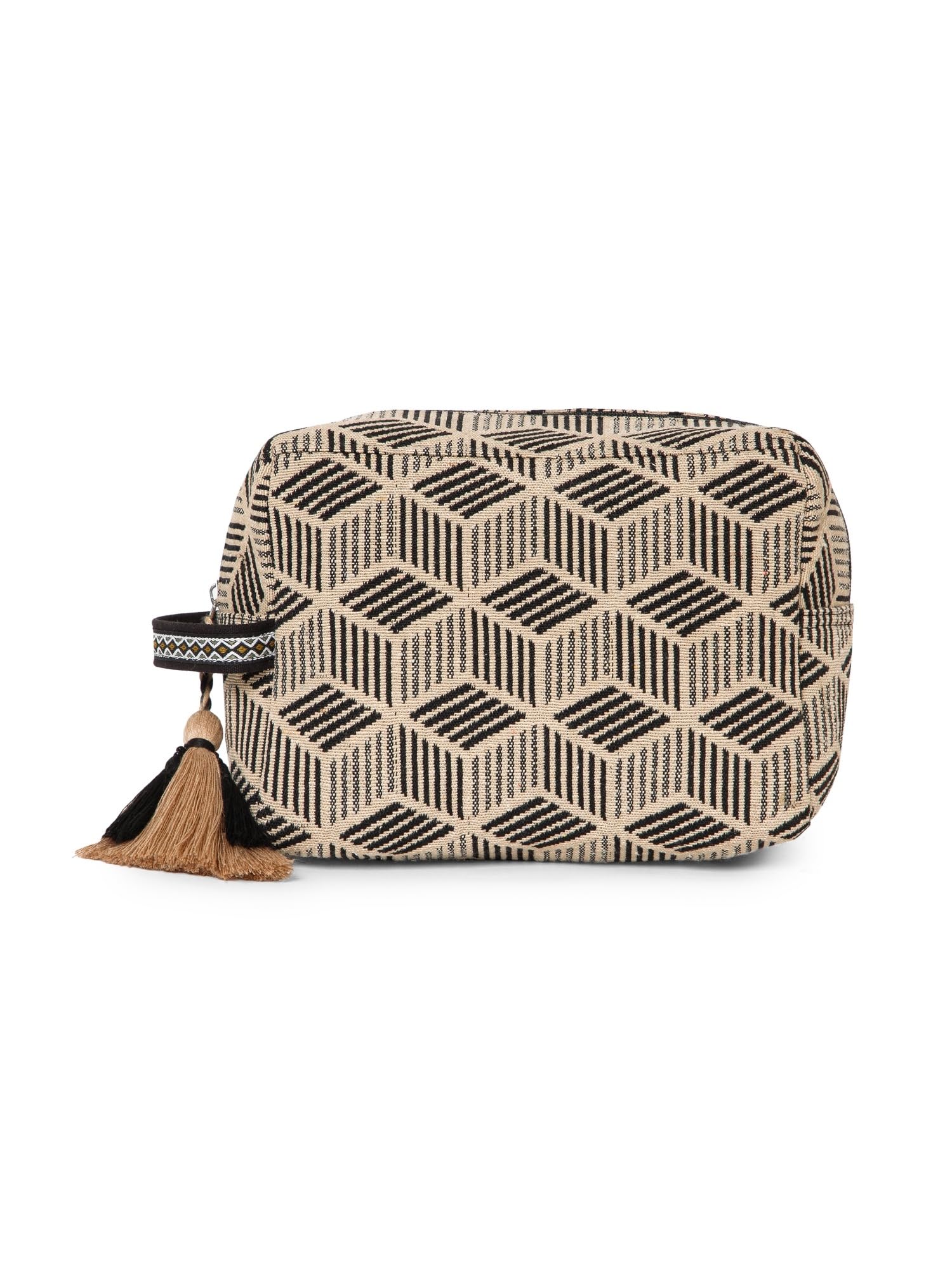 Tribal Beige & Black Cotton Canvas Diamond Jacquard Travel Pouch-image-49
