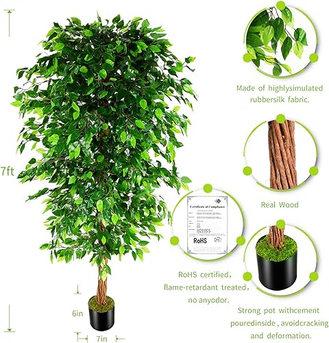 Miniatura 2 de OXLLXO Árbol artificial de seda de ficus de 7 pies (82 pulgadas) con maceta de plástico para guardería, planta falsa para oficina, casa, granja,