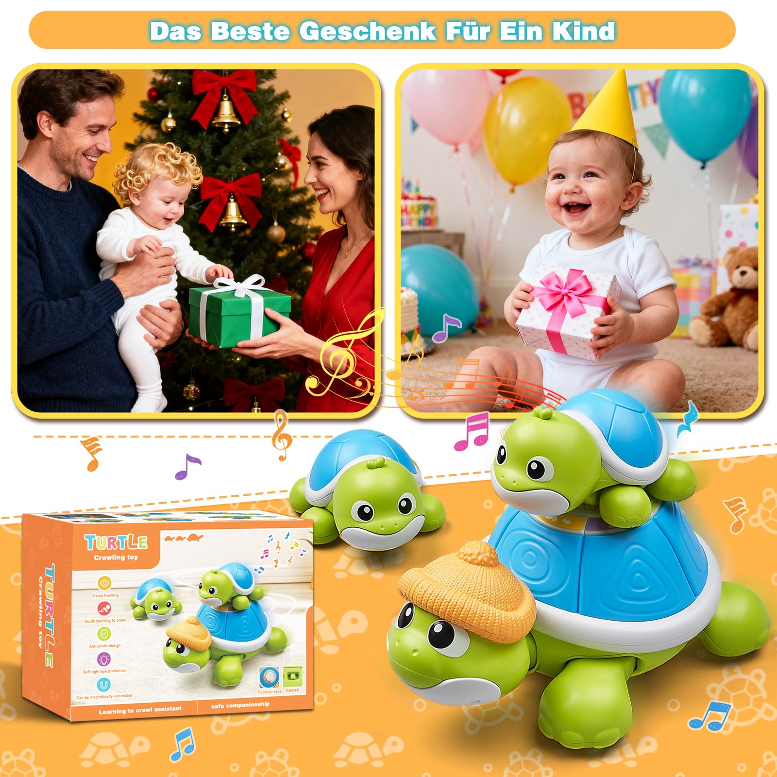 HILKKET Baby Krabbel Spielzeug ab 3 6 9 Monate, 3 PCS Schildkröten Krabbelspielzeug mit Licht und Musik, Frühkindliches Lernspielzeug, Tummy Time Baby Toys, Neugeborenes Spielzeug Geschenk
