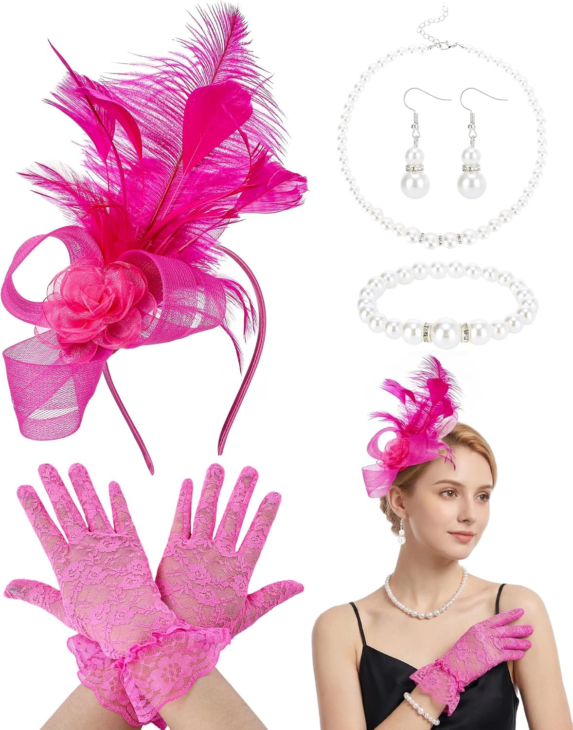 Zinniday Elegant Fascinators Hats Set, 5 Pcs 2026 Feather Tea Party Hats 1920s 50s Derby Fascinators for Women Prom Church