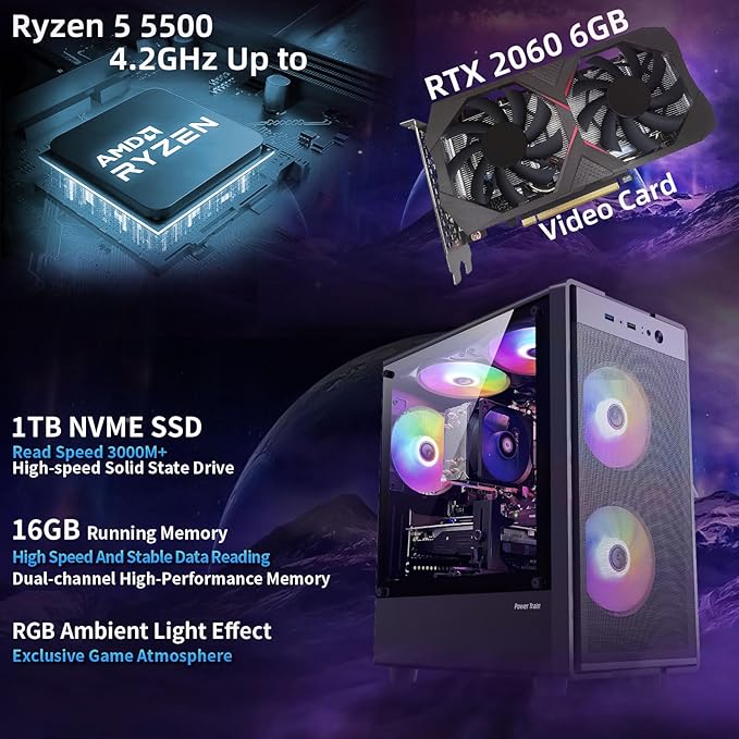 Gaming PC Computer Desktop,AMD Ryzen 5 5500 up to 4.2GHz, Radeon RTX 2060 6G, 16G DDR4, 1TB SSD, WiFi 6, RGB Fan x5, Tower Computers Windows 11 Home