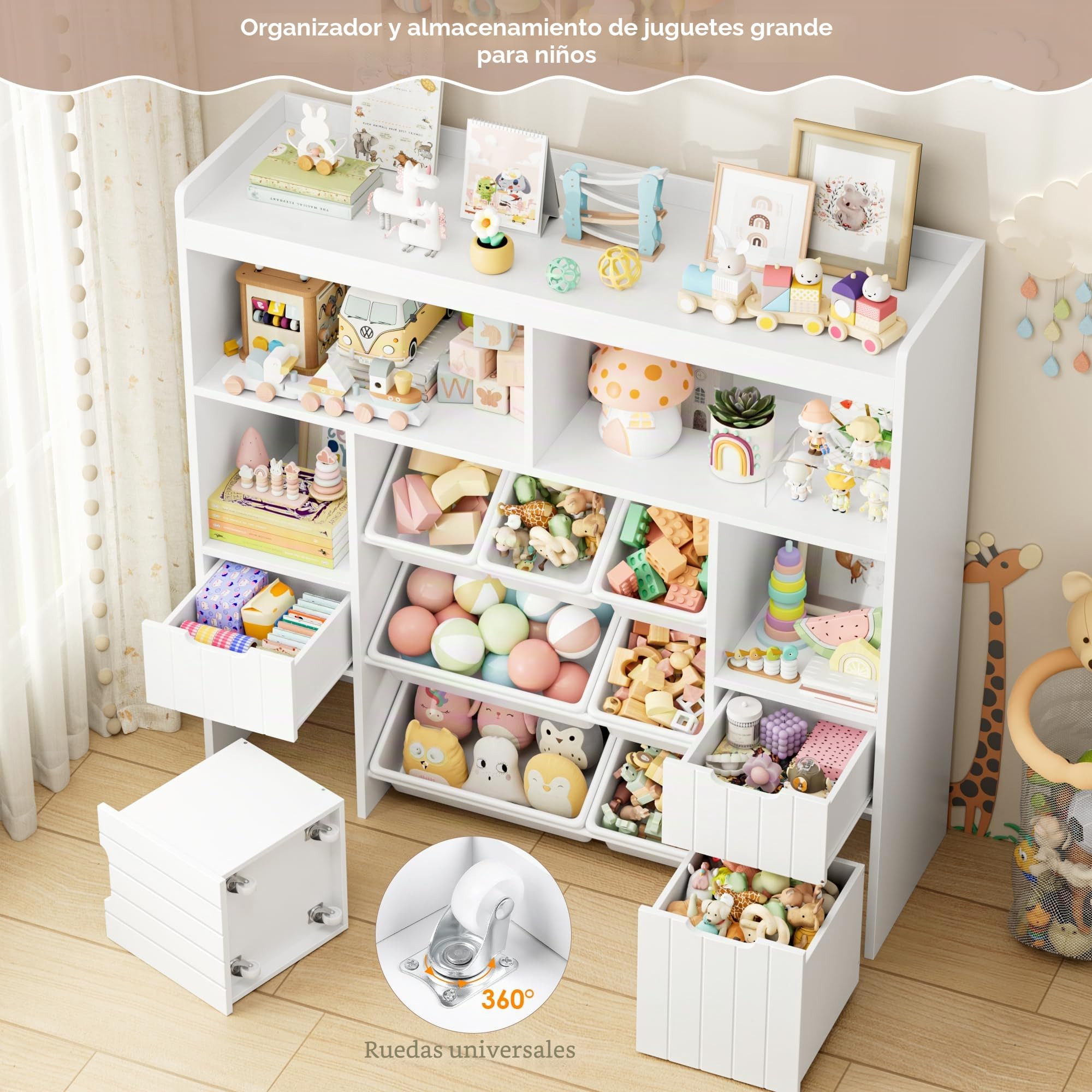 HOCSOK Mueble Almacenaje Juguetes, Mueble Juguetes Organizador, Librería Infantil Montessori, Estantería Infantil para Jugetes y Libros, Organizador Juguetes Infantil, Blanco, 122 x 118 x 30 cm