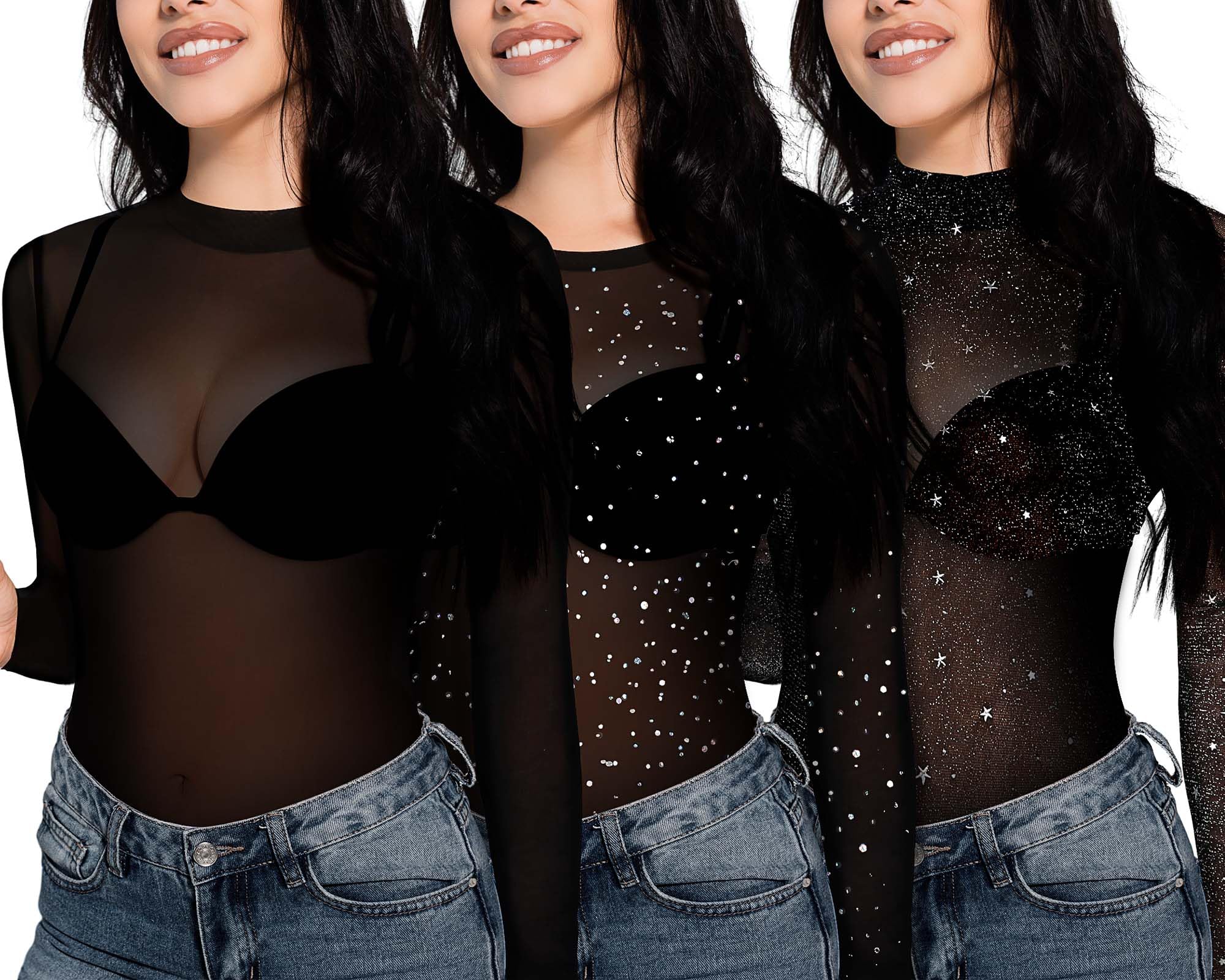 Confezione da 3 magliette da donna in rete velata glitterata, a maniche lunghe, trasparenti, per discoteca, concerto, discoteca, discoteca