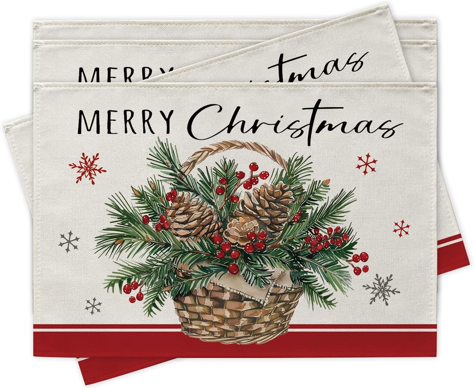 Merry Christmas Placemats Set of 4, Xmas Pine Cone Needle Red Berry Basket Dining Place Mats Table Decor, Winter Holiday Snowflake Home Kitchen Decoration 12 x 18 Inches