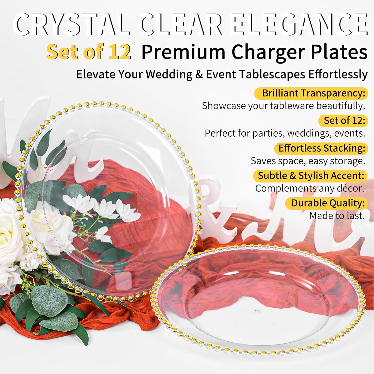 12 Pack Clear Charger Plates Bulk Wedding, 13 Inch Plastic Round Dinner Chargers with Gold Beaded Rim, Acrylic Round Decorative Plates for Wedding Party Home and Tabletop Decor (Gold)