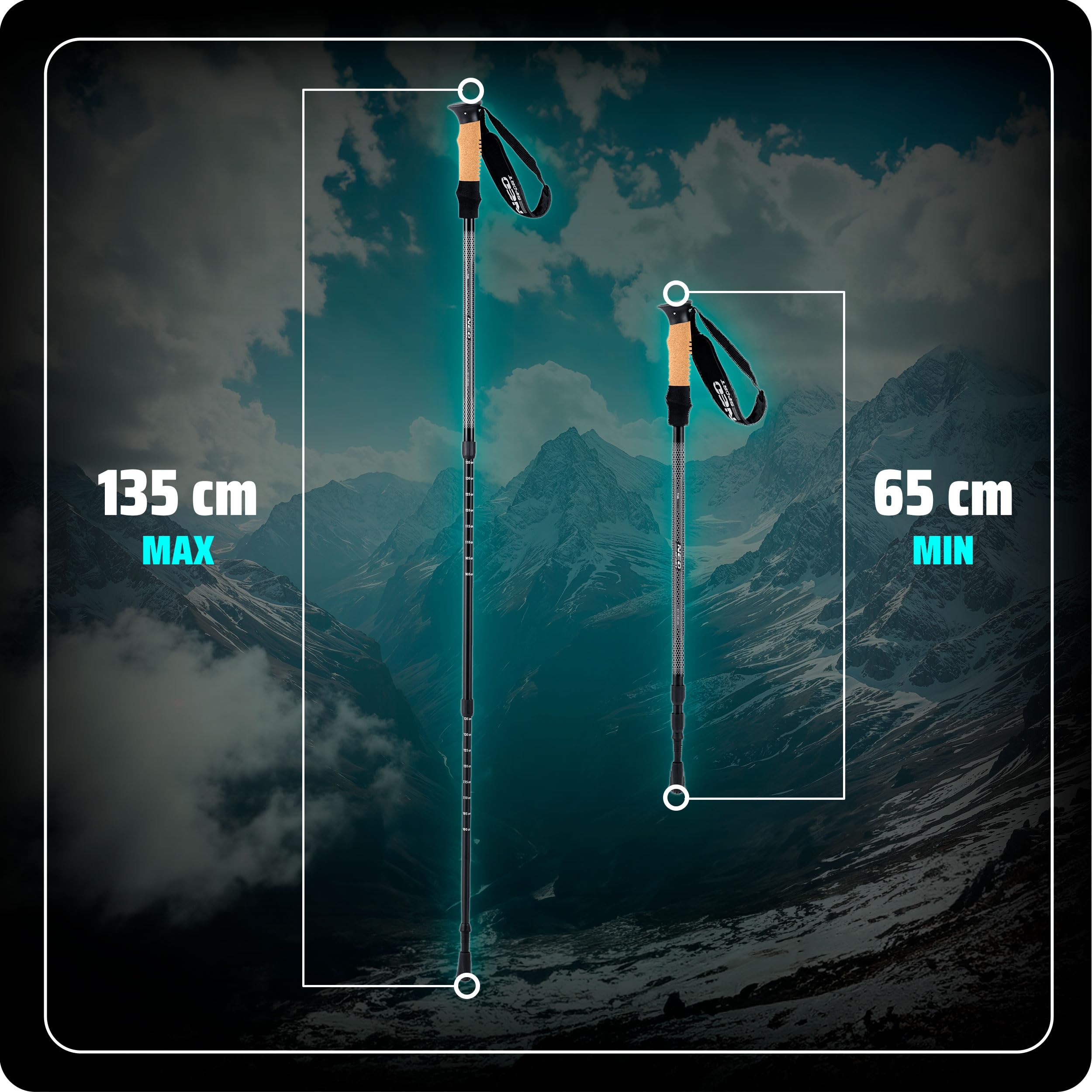 Neo-Sport Bastoncini da Trekking per Camminare Nordic Walking Regolabile 65-135 cm Manico in Sughero in Alluminio 1 Paio Nero