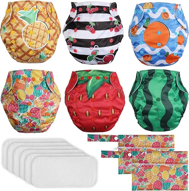 Lictin Washable Potty Training Pants - 6PCS Reusable Cloth Nappies Adjustable Pocket Nappy Diaper, 6PCS Bamboo Nappy Inserts with 2 Storage Bags, Suitable for Most Babies and Toddlers 3.6kg-16.3kg