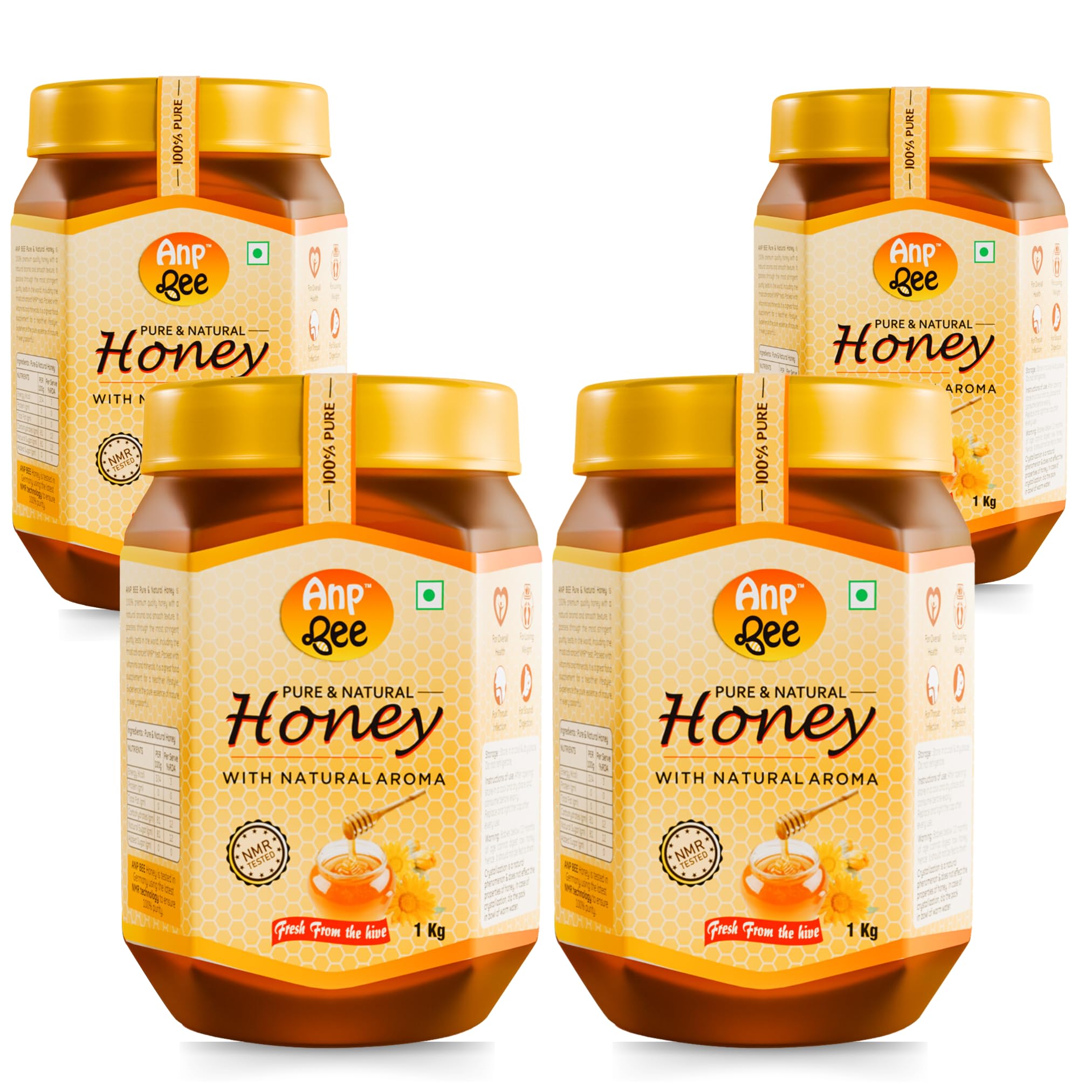 ANP BEE Natural Raw Honey 1kg I NMR Tested, Pure Unfiltered Honey I Original, Unprocessed & Sugar-Free I Supports Weight Management I Pet Jar, Pack of 4