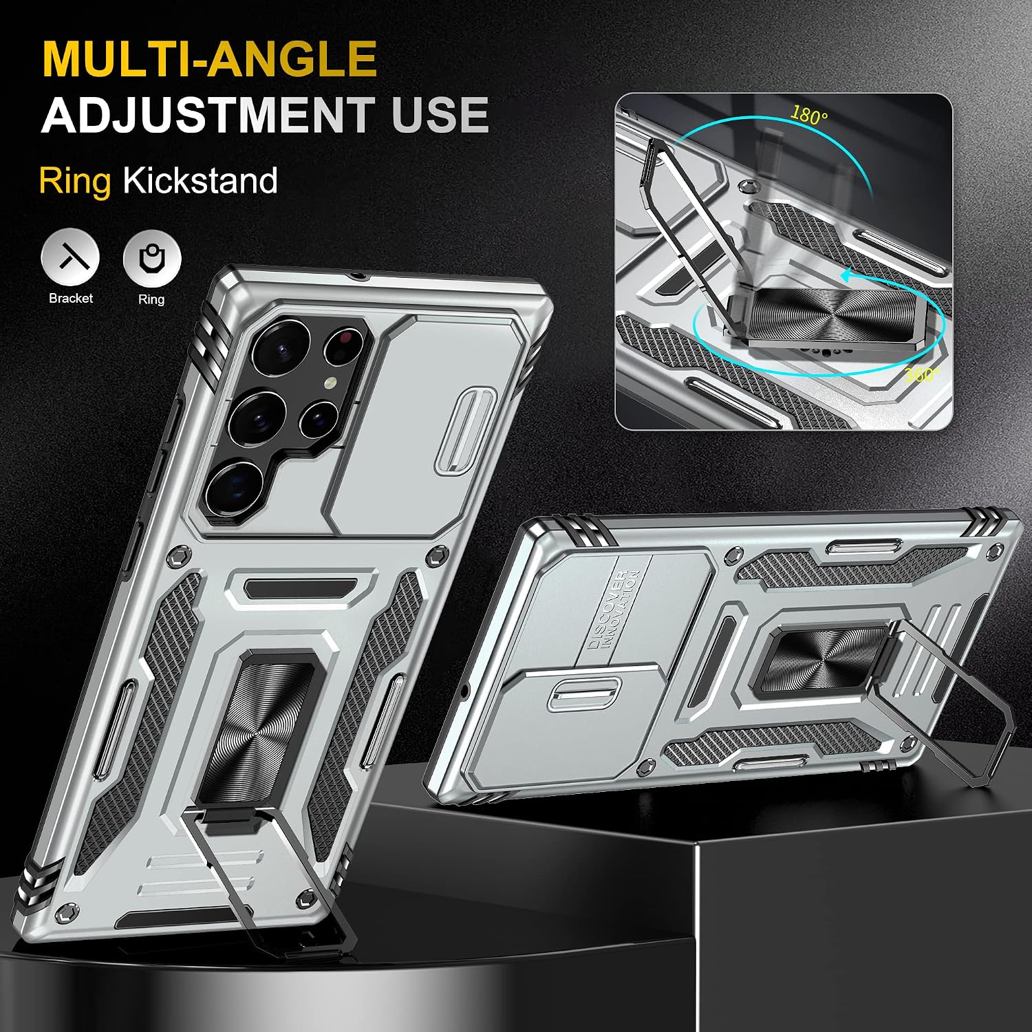 Compatible with Samsung S22 Ultra Case with Stand and Camera Cover,[2 Stand Way] Rotate Ring Magnetic Car Mount Holder,Shockproof Heavy Duty Protective Case for Galaxy S22 Ultra 5G 6.8 Inch(Silver)