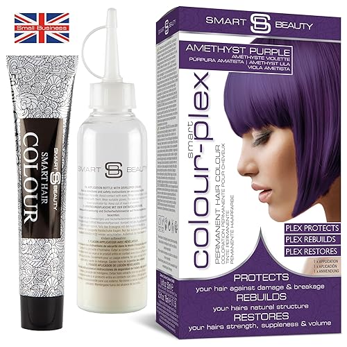 Tinte para el cabello púrpura amatista permanente con cuidado capilar Plex anti-rotura, tinte para el cabello vegano y libre de crueldad, 100%