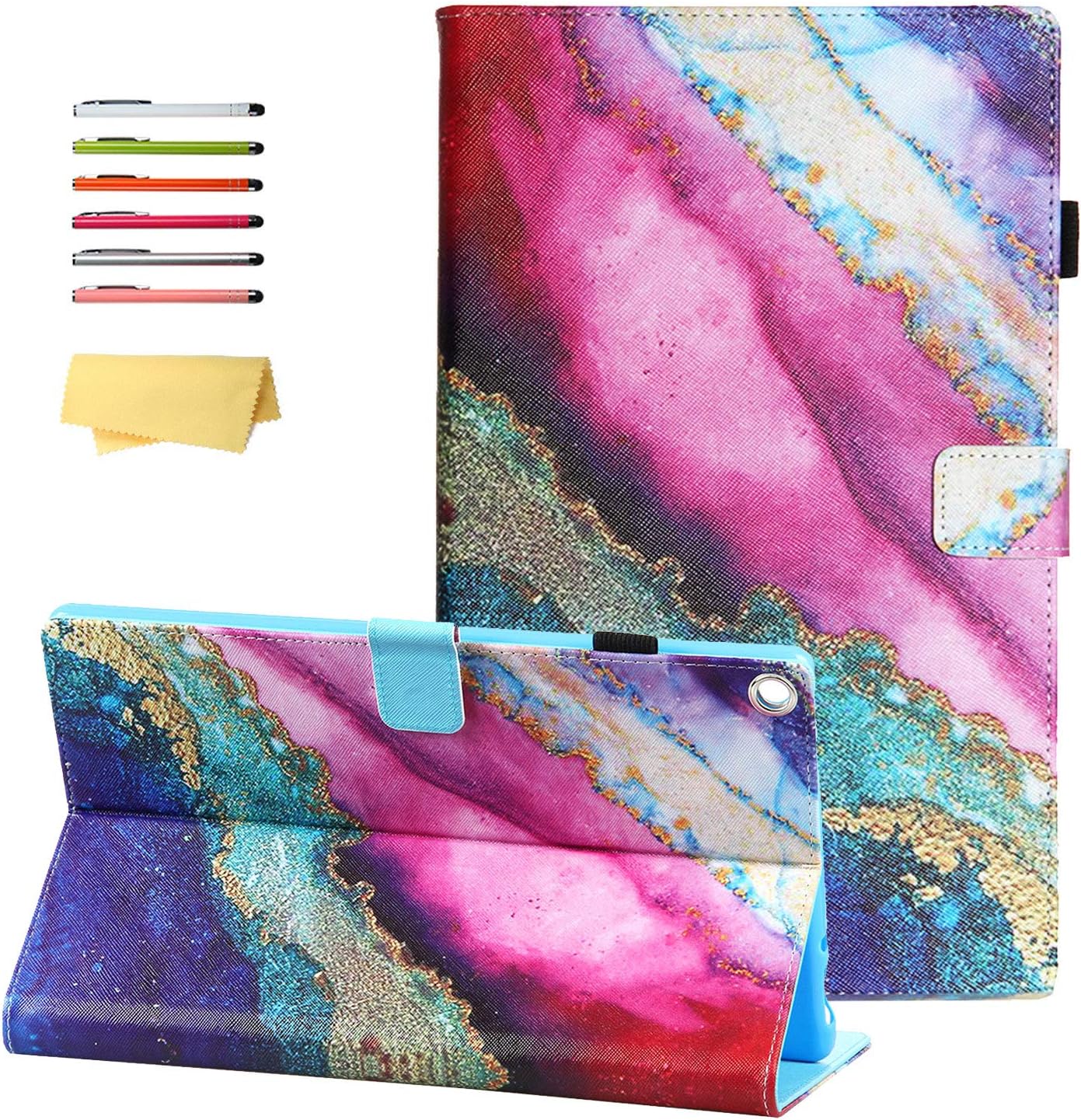 Kindle Fire HD 10 Tablet Case 9th/7th Generation with Pencil Holder [Auto Wake/Sleep] Card Slots Smart PU Leather Folio Stand Cover for Amazon Fire HD 10.1 inch 2019/2017, Rainbow Marble
