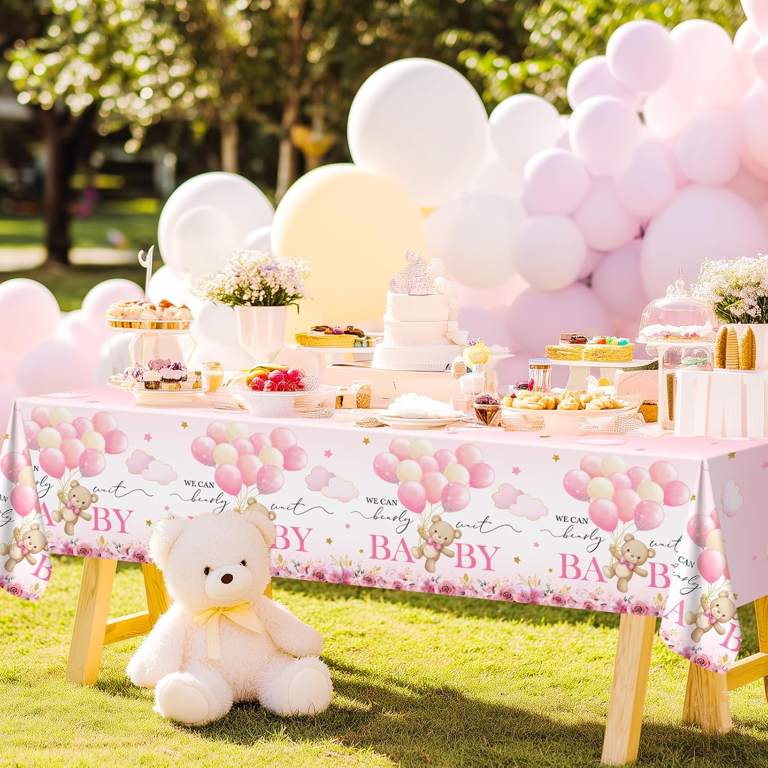Avezano Pink Bear Baby Shower Party Tableware and Bear Tablecloth Bundle