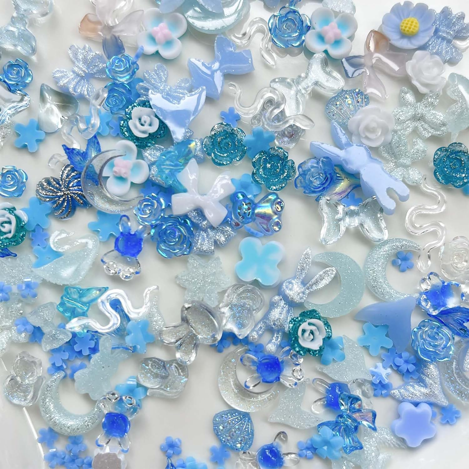 100 Pcs Blue Nail Charm Flower Nail Charm Heart Nails Charms Mixed Shapes Nails Resin Bear Bow Butterfly Starfish Design 3D Rabbit Floral Nails Charms for Manicure DIY Craft Jewel Accessories
