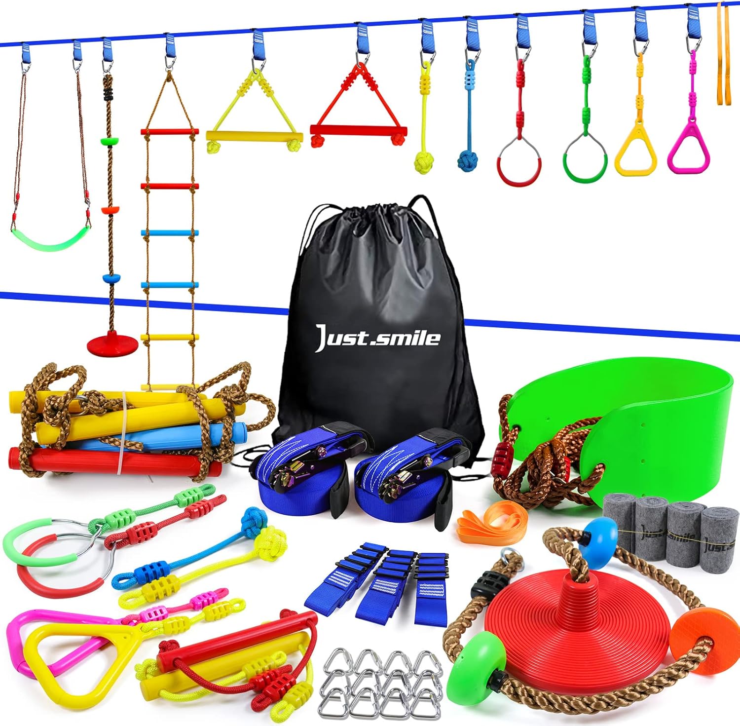 Just.smile Ninja Slackline Ninja Warrior Obstacle Course for Kids-2x52ft with Swing, Rope Ladder,Climbing Bar,Ring,Outdoor Ninja Course Training Equipment Set for Backyard : Toys & Games