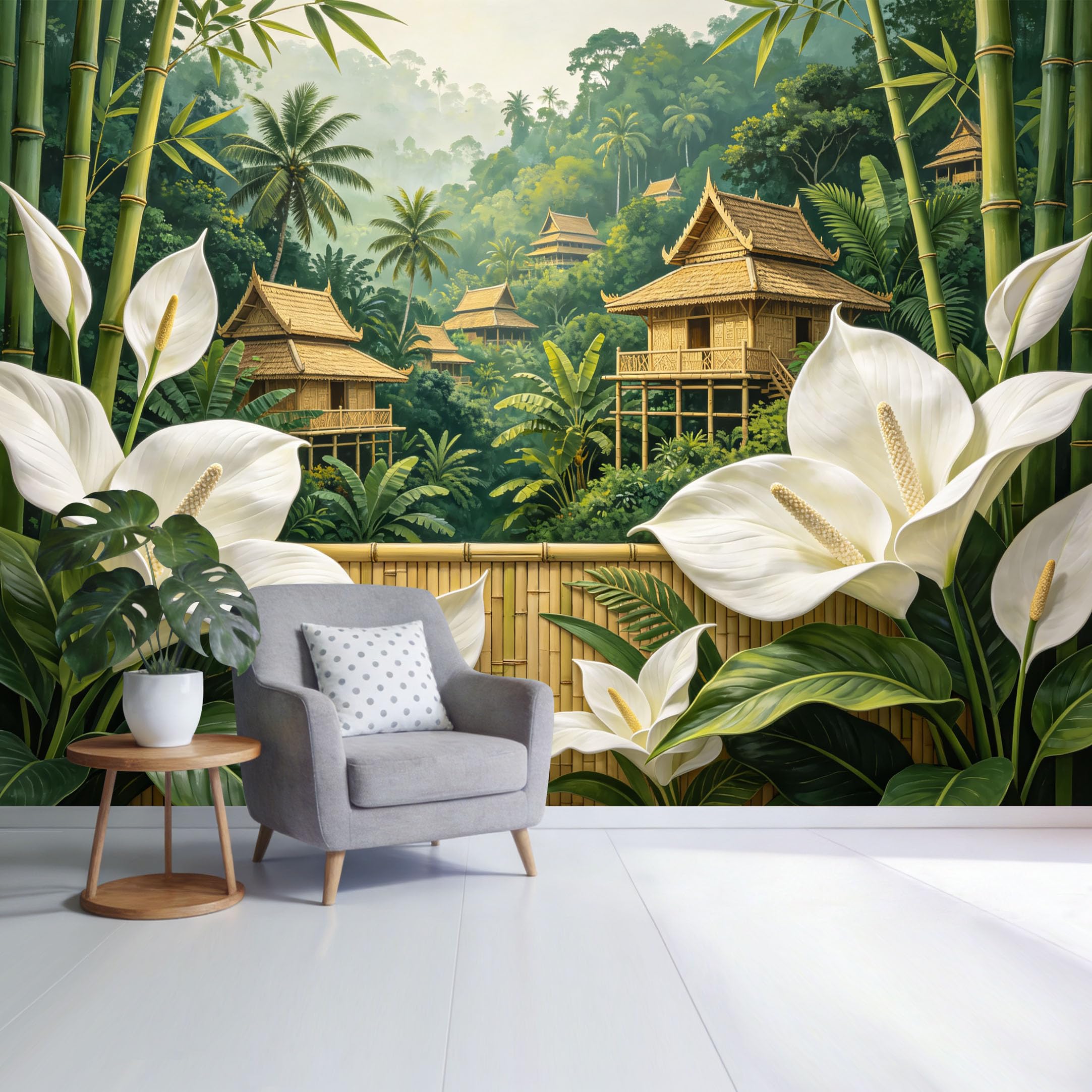 Custom Size Wall Mural Tropical Bamboo House Landscape with White Calla Lilies Jungle Greenery Botanical SelfAdhesive Wall Fabric Removable Wallpaper for Home Office Decor