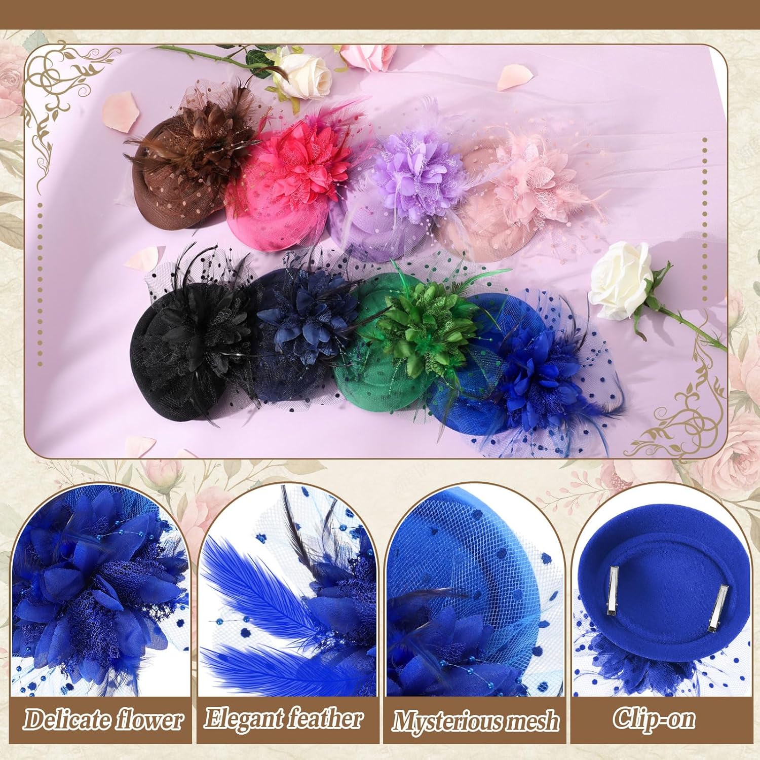 Suncalla 8 Pcs Fascinator Hats Pillbox Derby with Feather Women's Tea Party Hat Headwear for Wedding 20s 50s Dress Party