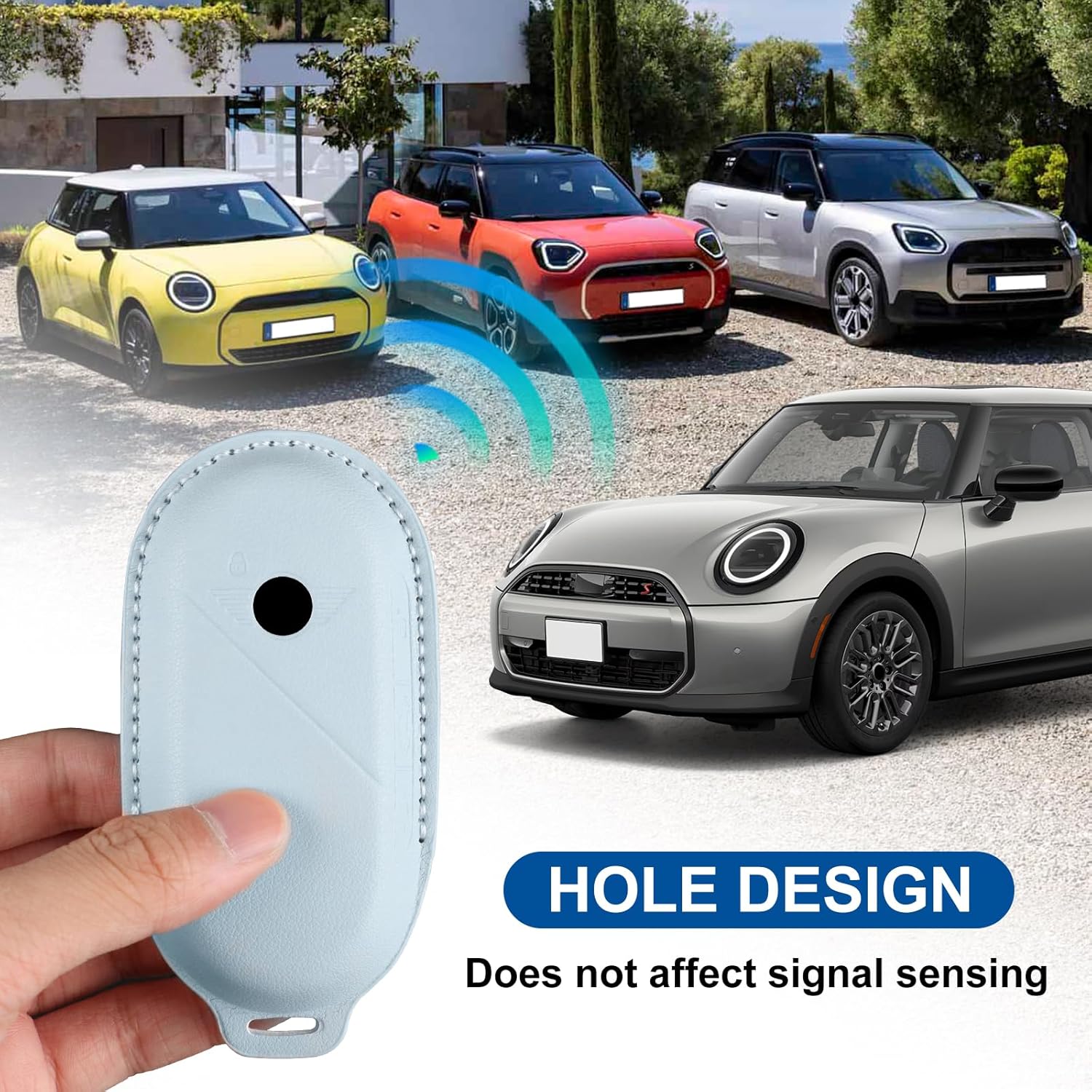 Key case with signal waves indicating no interference, and text 'HOLE DESIGN Does not affect signal sensing'.