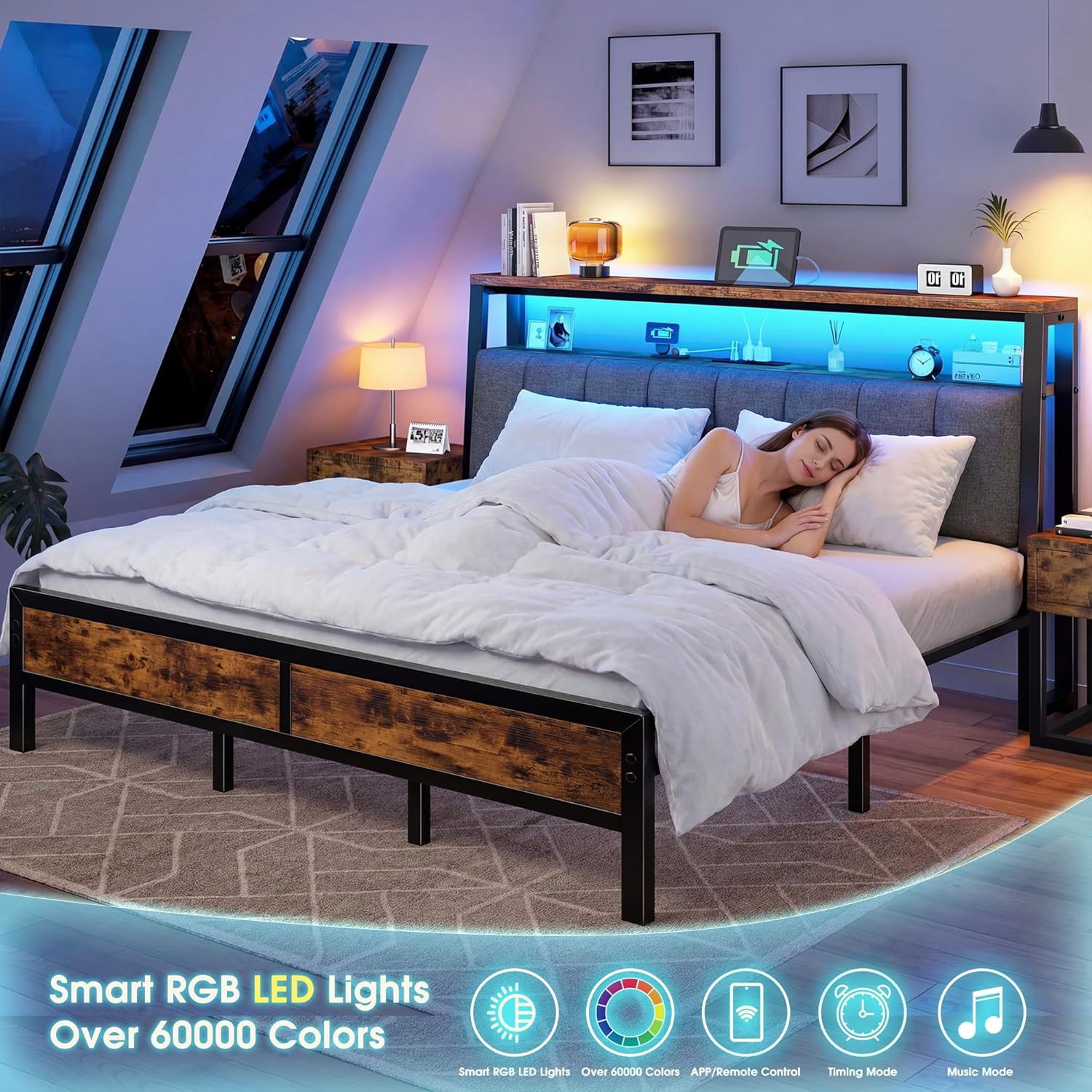 Homkdom King Bed Frame with Charging Station and LED Lights, Grey Upholstered Headboard with 2-Tier Storage Shelves,12" Under-Bed Storage, No Sliding, Noiseless, 1100LBS,76.2W*88L*40H