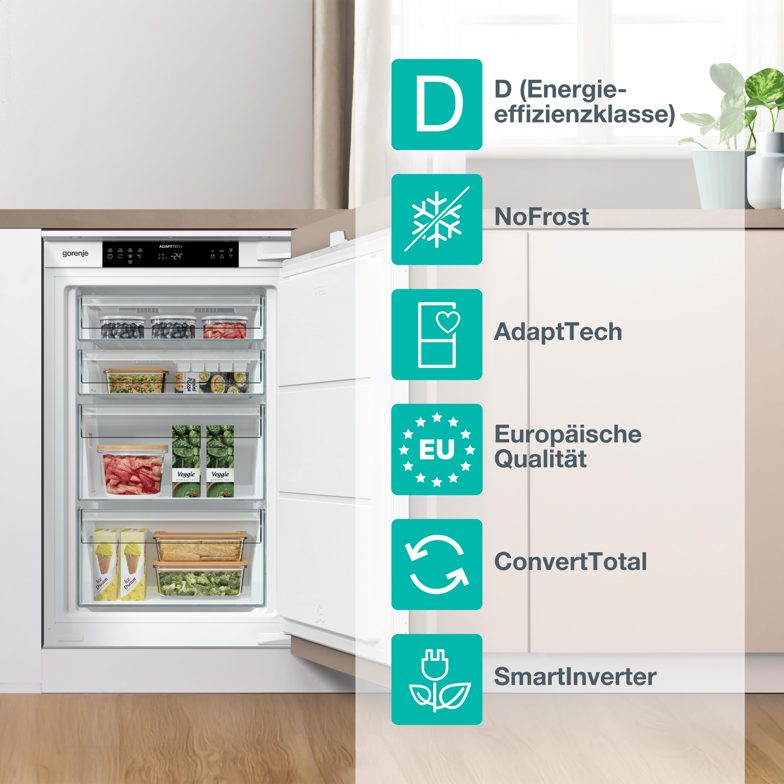 Gorenje FNCI508D61WFE Einbaugefrierschrank / 56er Nische/EEK D/ 91 Liter/ 33 dB/NoFrost/AdaptTech/Europäische Qualität/ConvertTotal/ConnectLife/FastFreeze/BxHxT 54×87,5 ×54,5 cm/Weiß