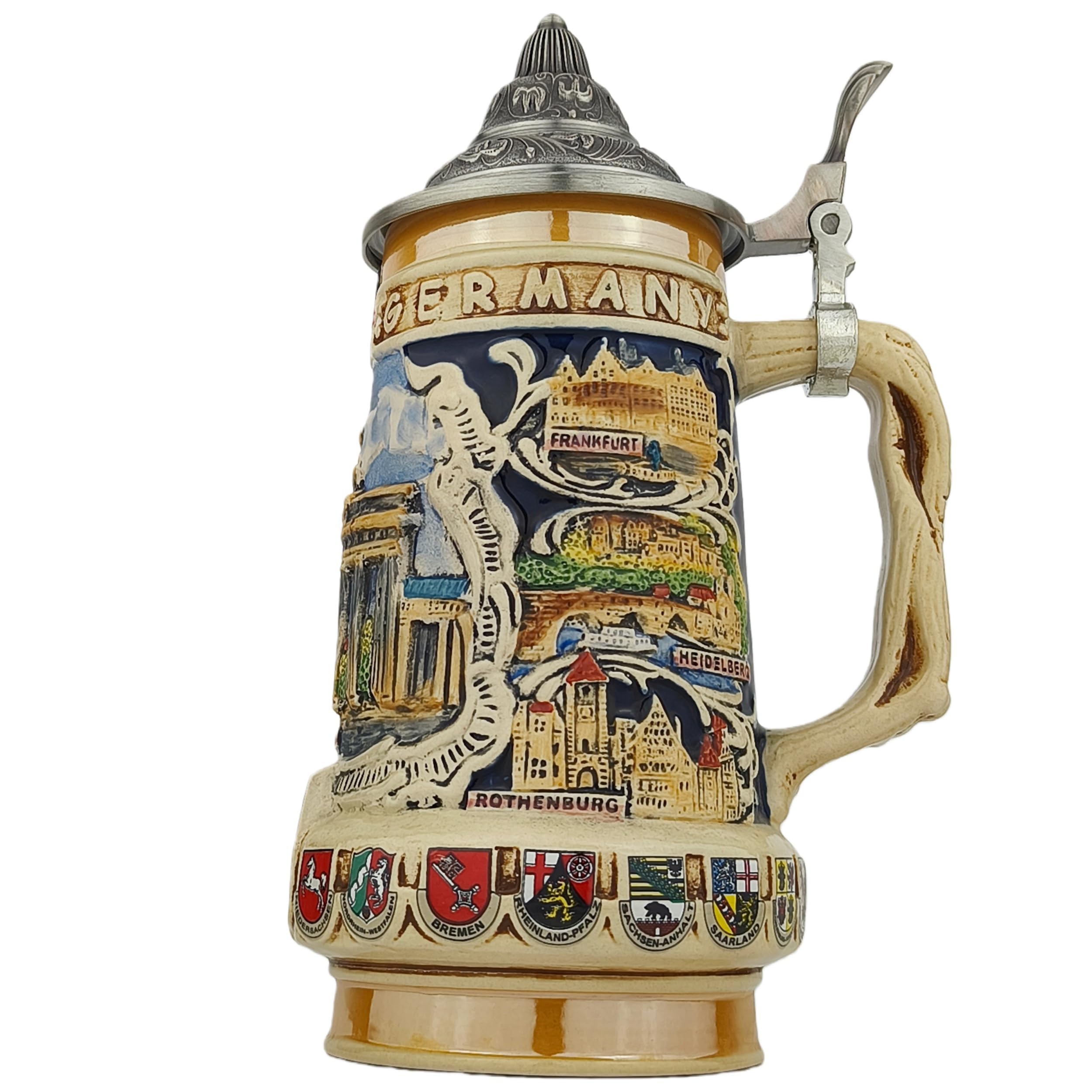 Bierkrug mit Deckel 0,7L – Traditioneller Steinkrug mit Deutschland-Motiv und Wappen-Design – Bierseidel für Zuhause, Bierfest & Sammlung – Geschenk für Männer, Papa & Bierfans
