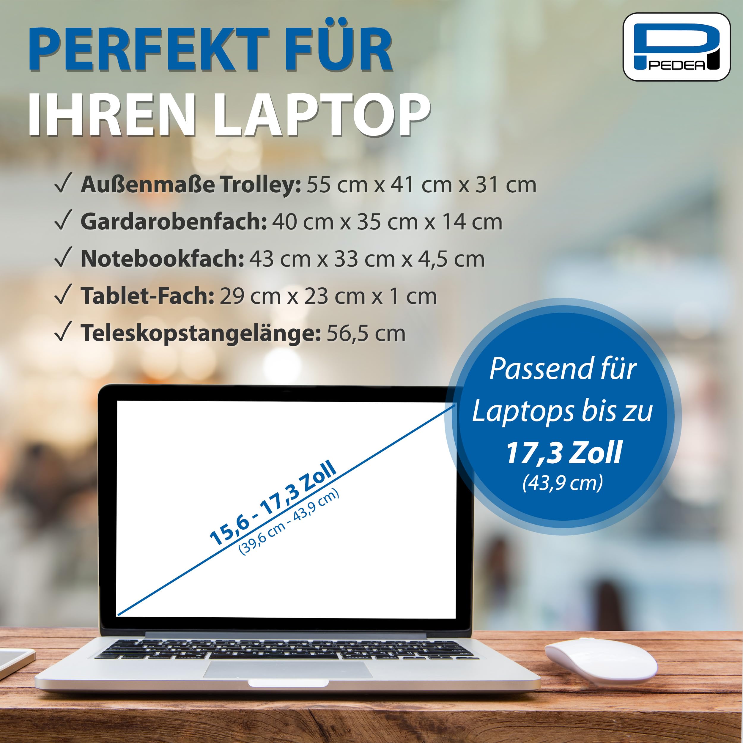 PEDEA Business Zaino Trolley “Premium” zaino per laptop fino a 17,3 pollici (43,9 cm) con scomparto per abbigliamento 24 ore e ruote, nero