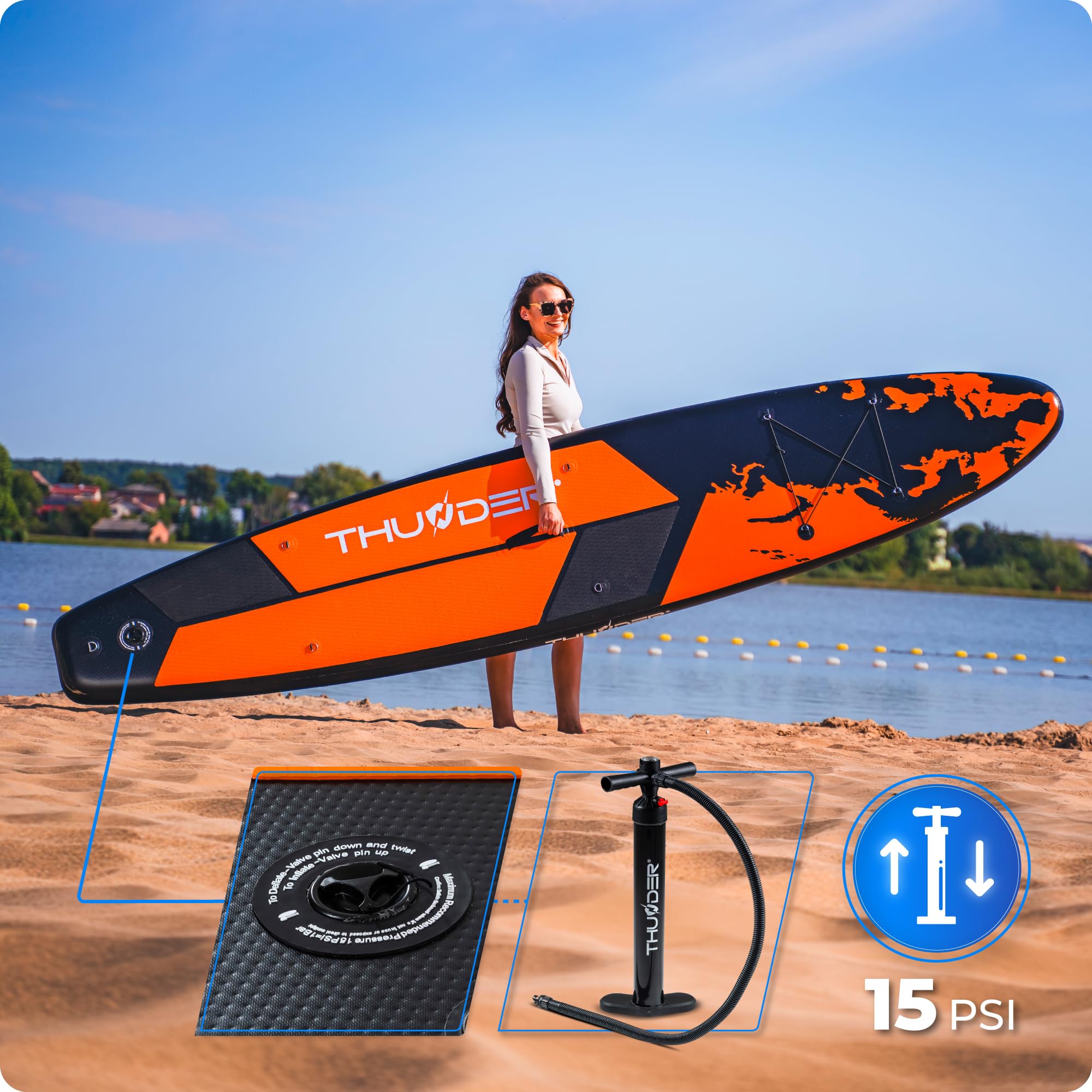 THUNDER SUP Board 365 cm, Aufblasbar mit Kajaksitz, Orange/Schwarz, Earth