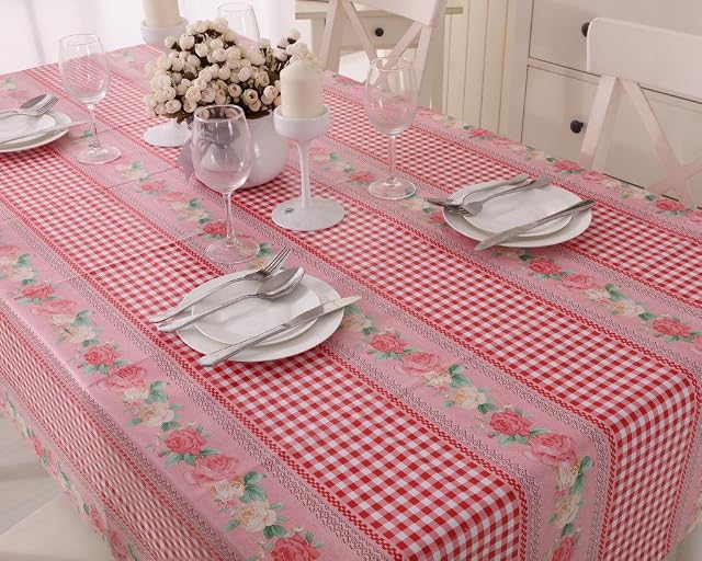 Vinylla Red Gingham Check and Roses Easy Wipe Clean PVC Tablecloth, 140x240cm