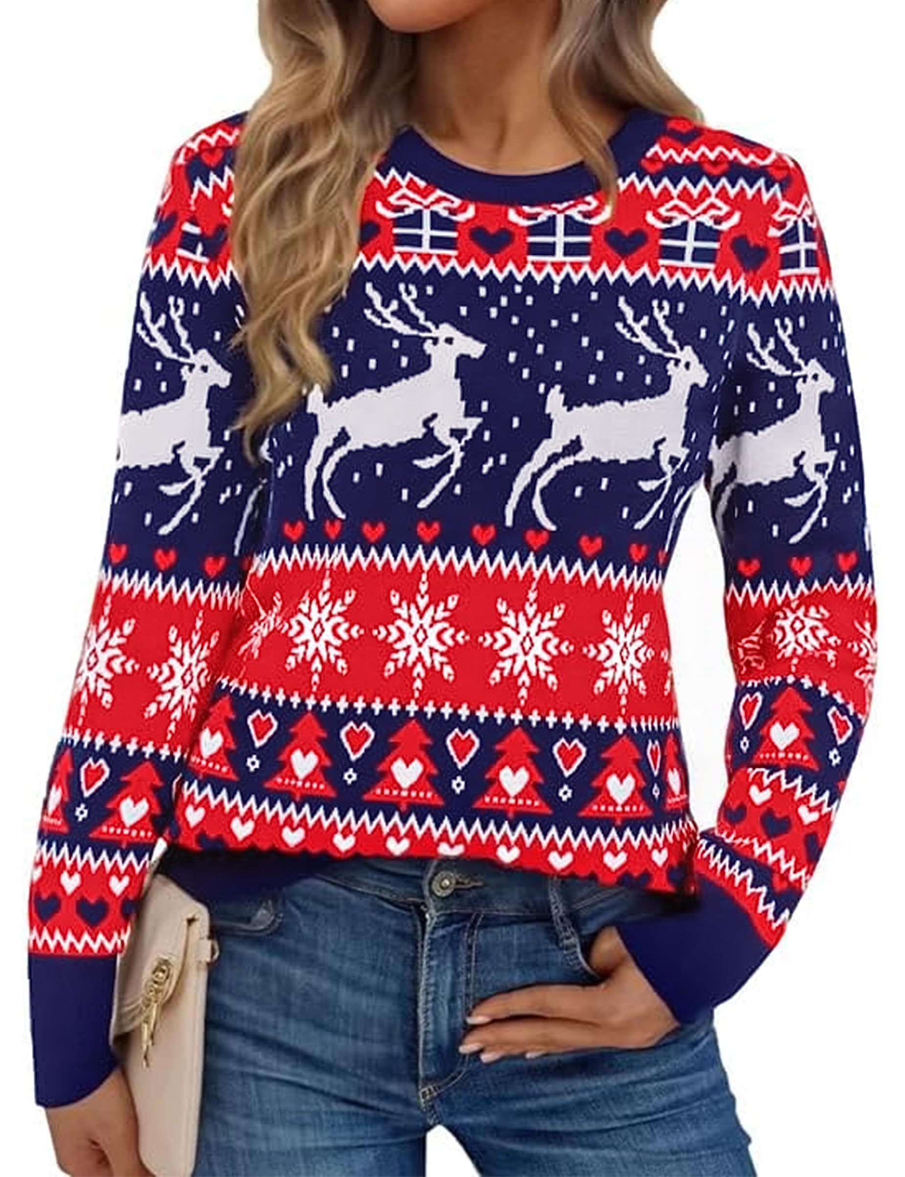 Aseniza Damski zimowy sweter świąteczny sweter bożonarodzeniowy sweter świąteczny brzydki świąteczny sweter z długim rękawem i okrągłym dekoltem