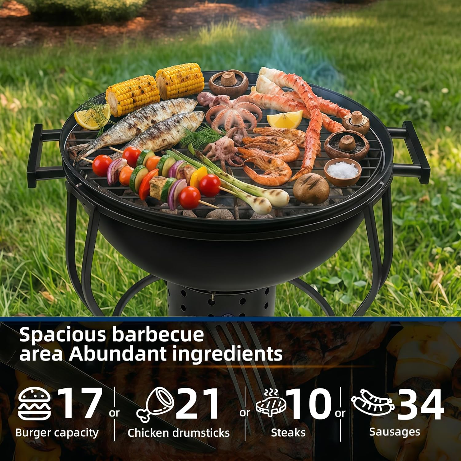 17" Portable Charcoal Grill, Parrilla para Asar Carne with Built‑In Thermometer, Adjustable Vent and Adjustable Fan, Outdoor Grills & Smokers for Camping, Tailgating & Outdoor Cooking