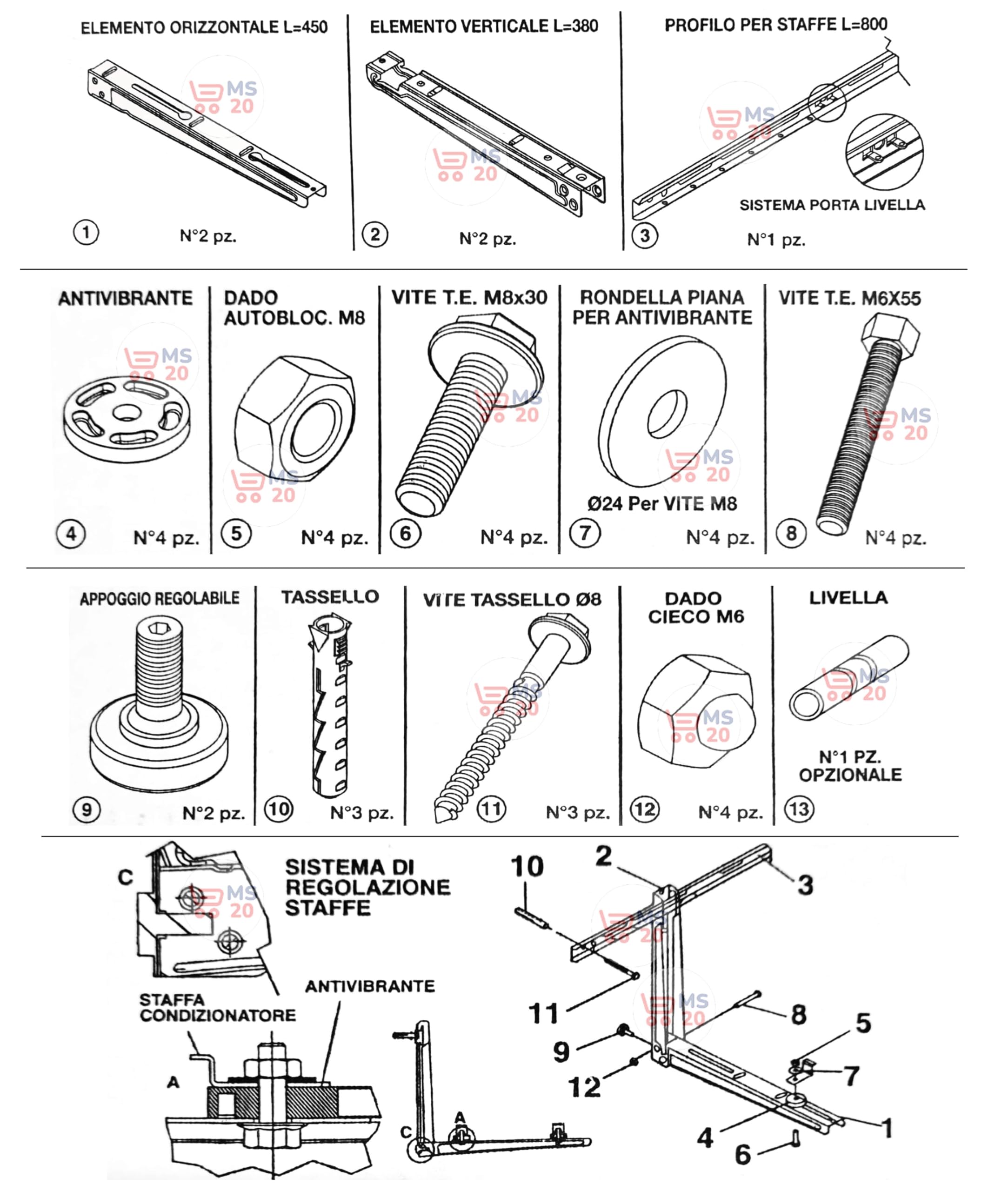 Staffe per climatizzatore in acciaio unità esterna 450x380x800mm Carico Certificato 80 Kg (Collaudate 240 Kg) , Acciaio strutturale spessore 1,2 mm Verniciatura epox RAL 9002 con Kit montaggio