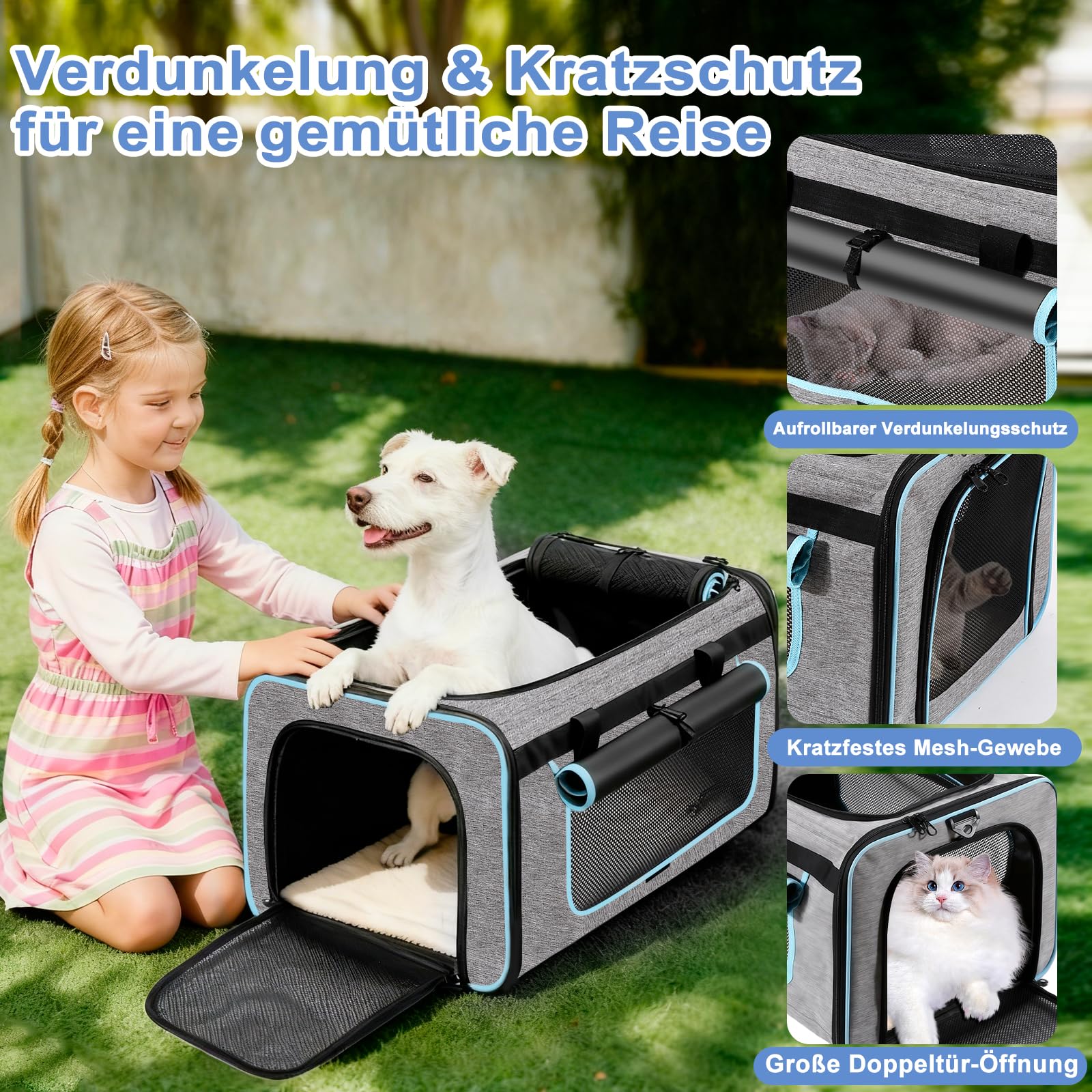 Große Transportbox mit abnehmbaren Rädern, 2-in-1 faltbar, für Hunde & Katzen, Teleskopgriff, für Auto/Outdoor/Indoor, max. 20 kg (44 lbs), Nicht für Flugreisen