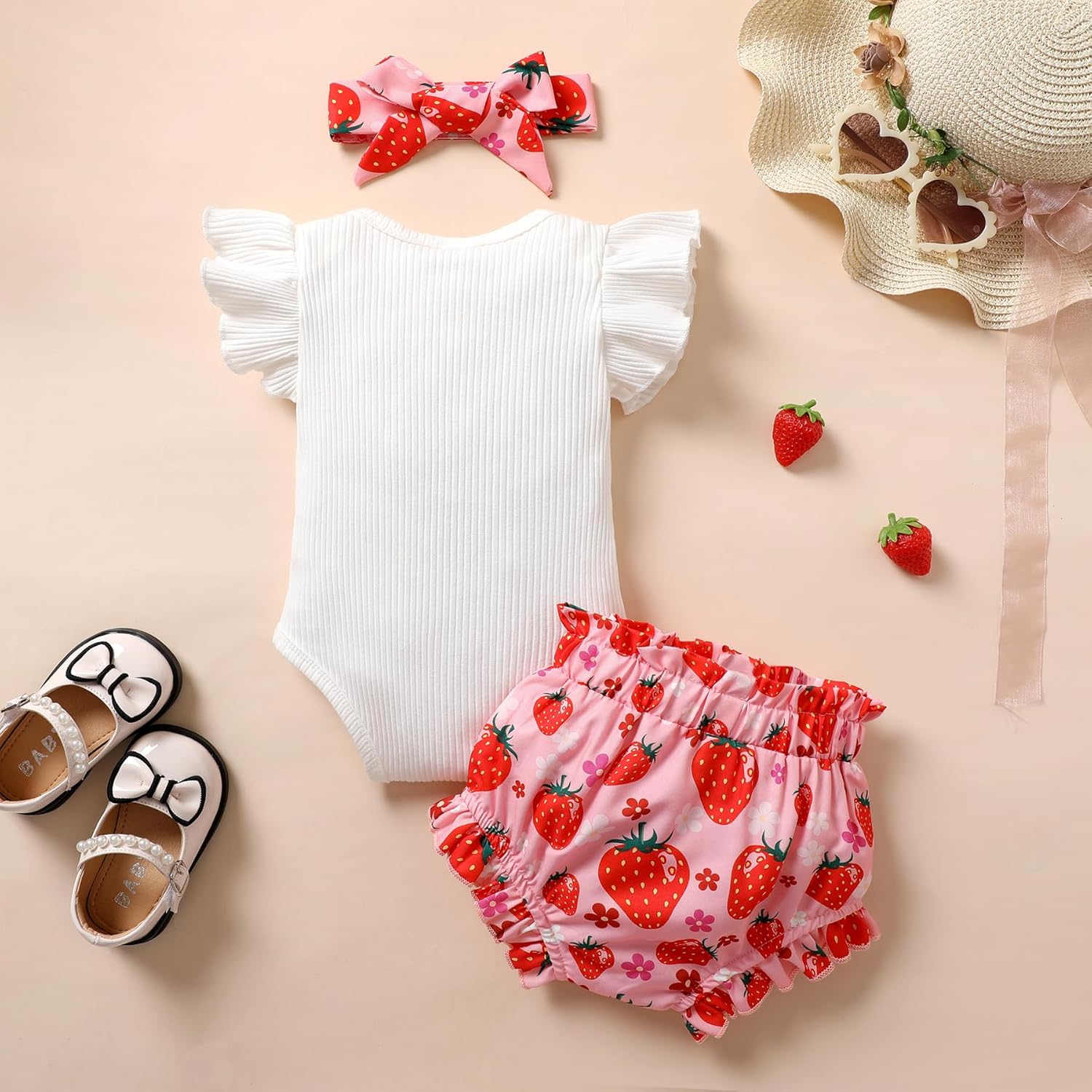 Tiny Cutey Baby Girl Clothes Infant Summer Outfits Set Ruffle Sleeve Romper and Floral Shorts with Headband - Image 2