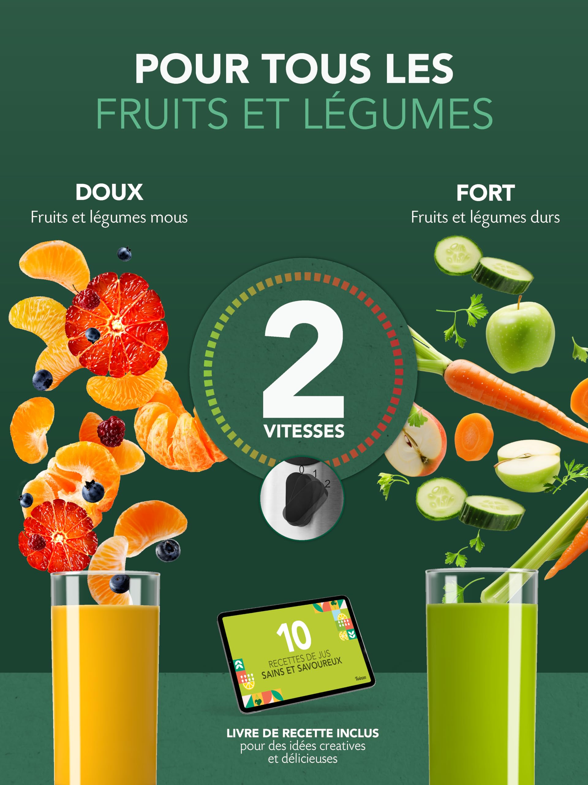 Twinzee Extracteur de Jus de Fruits et Légumes 850W – Centrifugeuse avec Goulot de 75 mm et 2 Vitesses