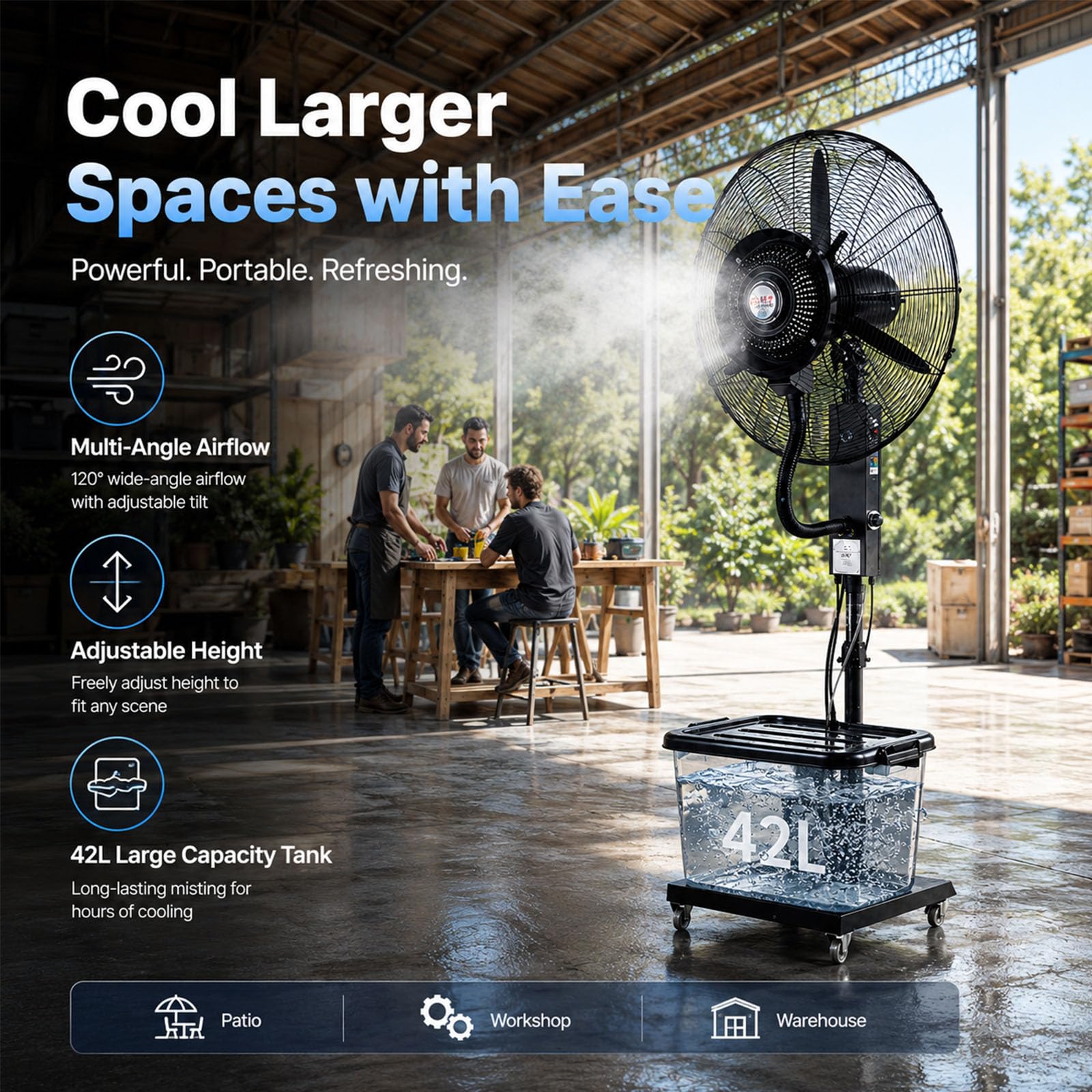Ventilatore Industriale con Nebulizzazione ad Acqua, Ventilatore a Spruzzo ad Alta Potenza con Serbatoio da 42 Litri, Umidificatore Evaporativo Portatile su Ruote per Esterni, Terrazze e Capannoni