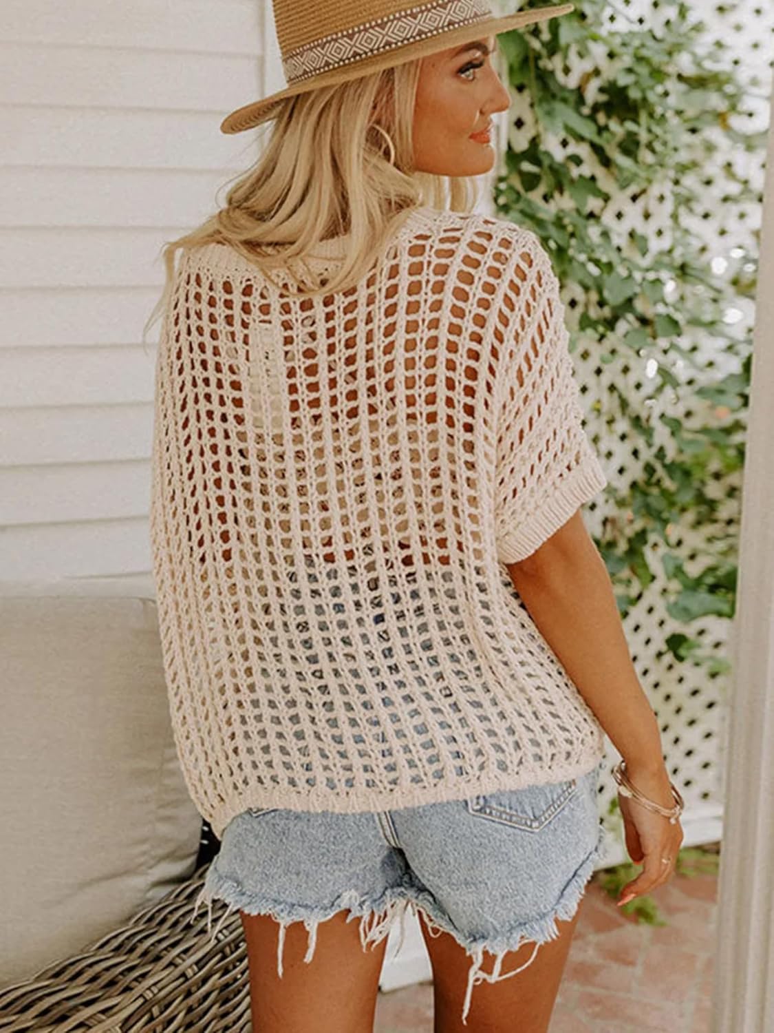 Crochet Tops for Women Off The Shoulder Beach Coverup for Swimsuit Oversized Hollow Out Summer Tops