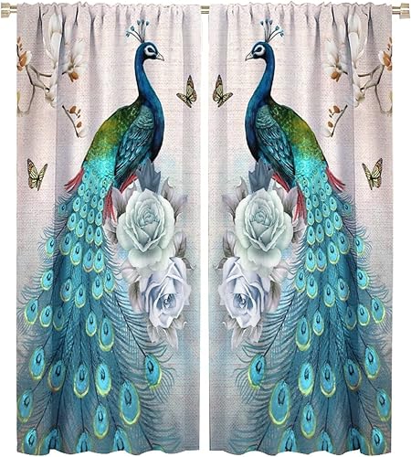 Miniatura 90 de Cortina opaca con estampado de pavo real, con estampado de animales retro, con bolsillo para cortinero y flores de peonía doradas, para dormitorio,