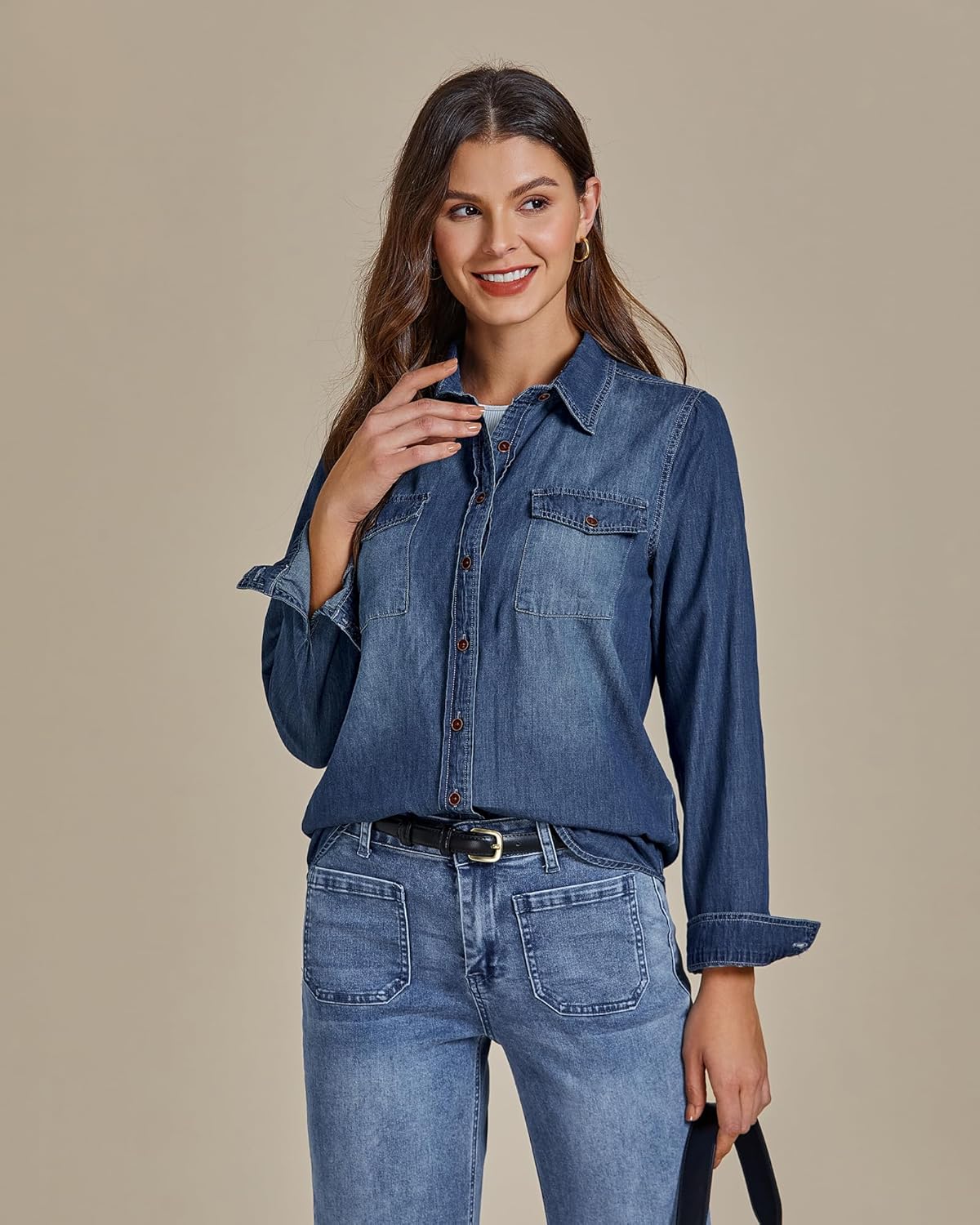 luvamia Denim Shirt Women Chambray Jean Western Shirts Long Sleeve Button Down Tops - Image 7