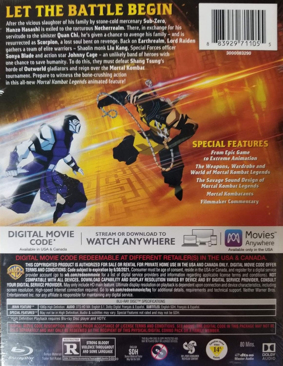 Mortal Kombat Legends Scorpion's Revenge Steelbook DVD Blu RAy Digital
