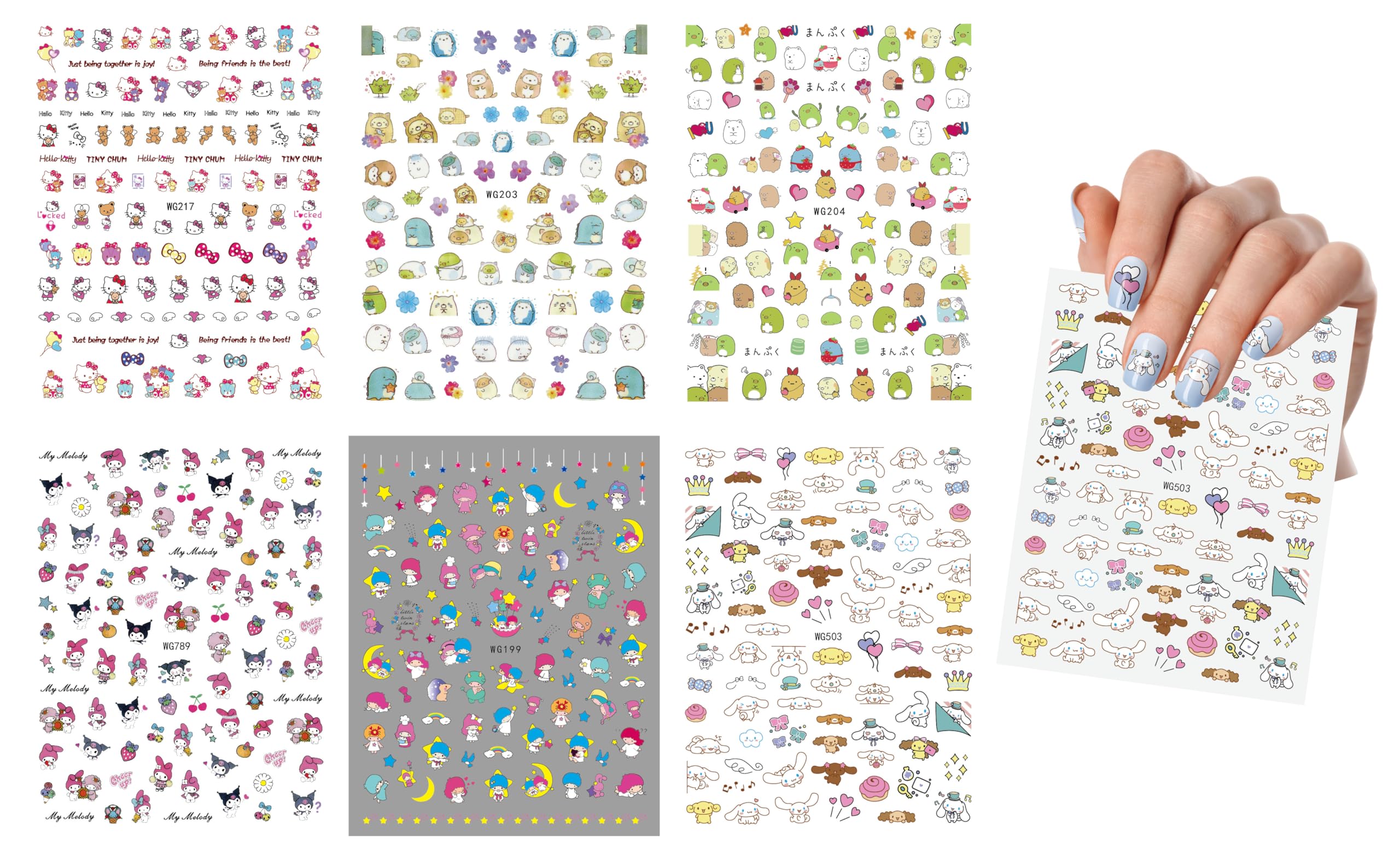 6 Sheets Mixture Cute Kawaii Cartoon Nail Art Stickers Decal for Nail Art，Nail Design Nail Art Supplies Cute Nail Decals for Girls Women Manicure