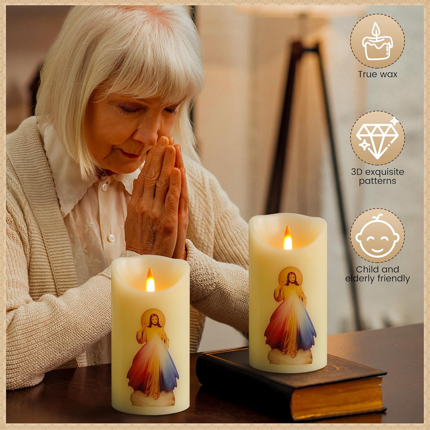 Divine Mercy of Jesus LED Devotional Prayer Candle - Battery Operated Religious Candle with Remote Control & Timer, Real Wax 3D Wick, 6" x 3.2" for Religious Festivals, Home Altar, Church & Devotions - Image 3