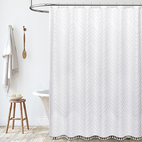 Vista 44 de Dynamene - Cortina de ducha, bohemia y rústica con rayas con chebrón en relieve, cortina texturizada para decoración de baño, juego de cortina A.