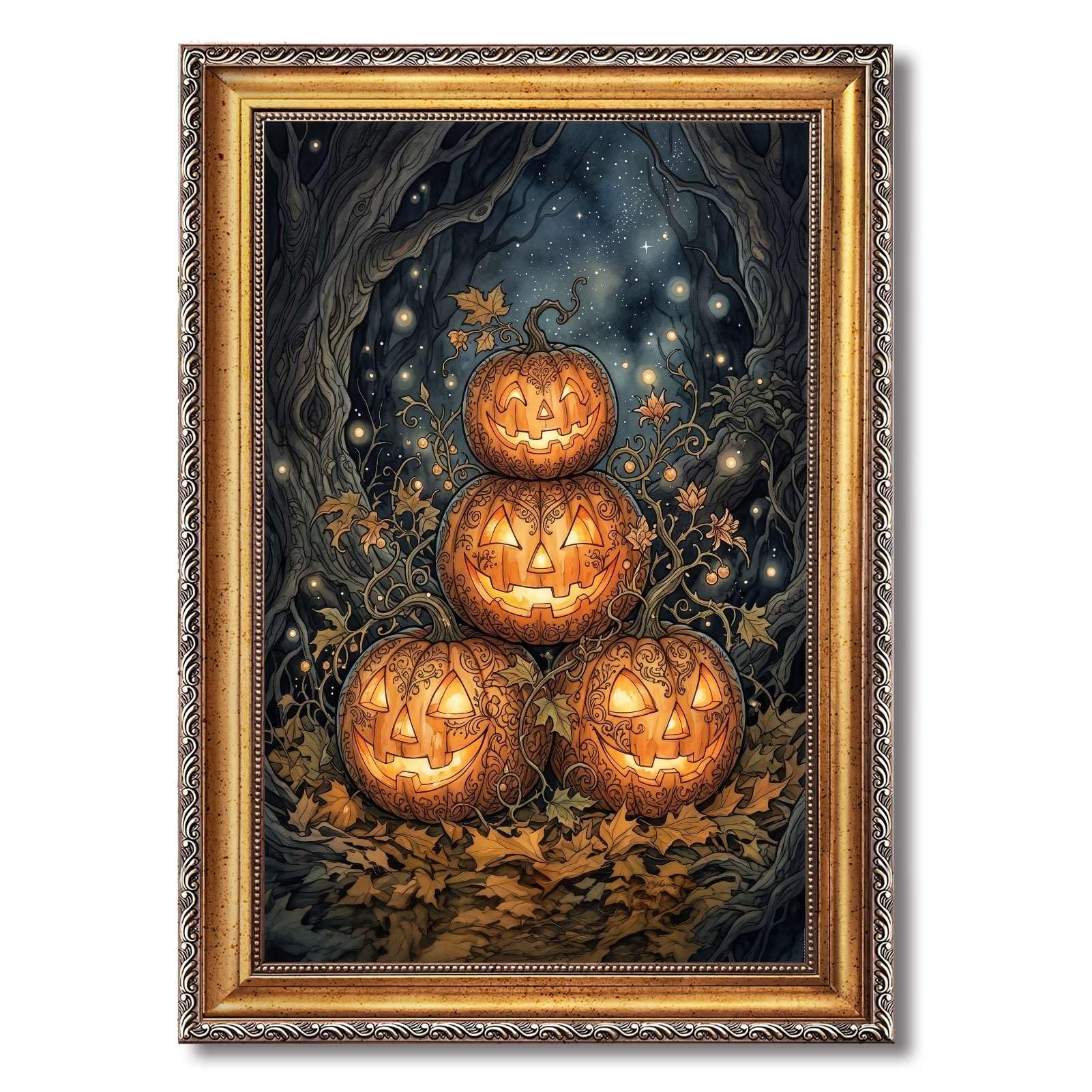 Quadro con stampa su tela raffigurante una zucca intagliata impilata e stra