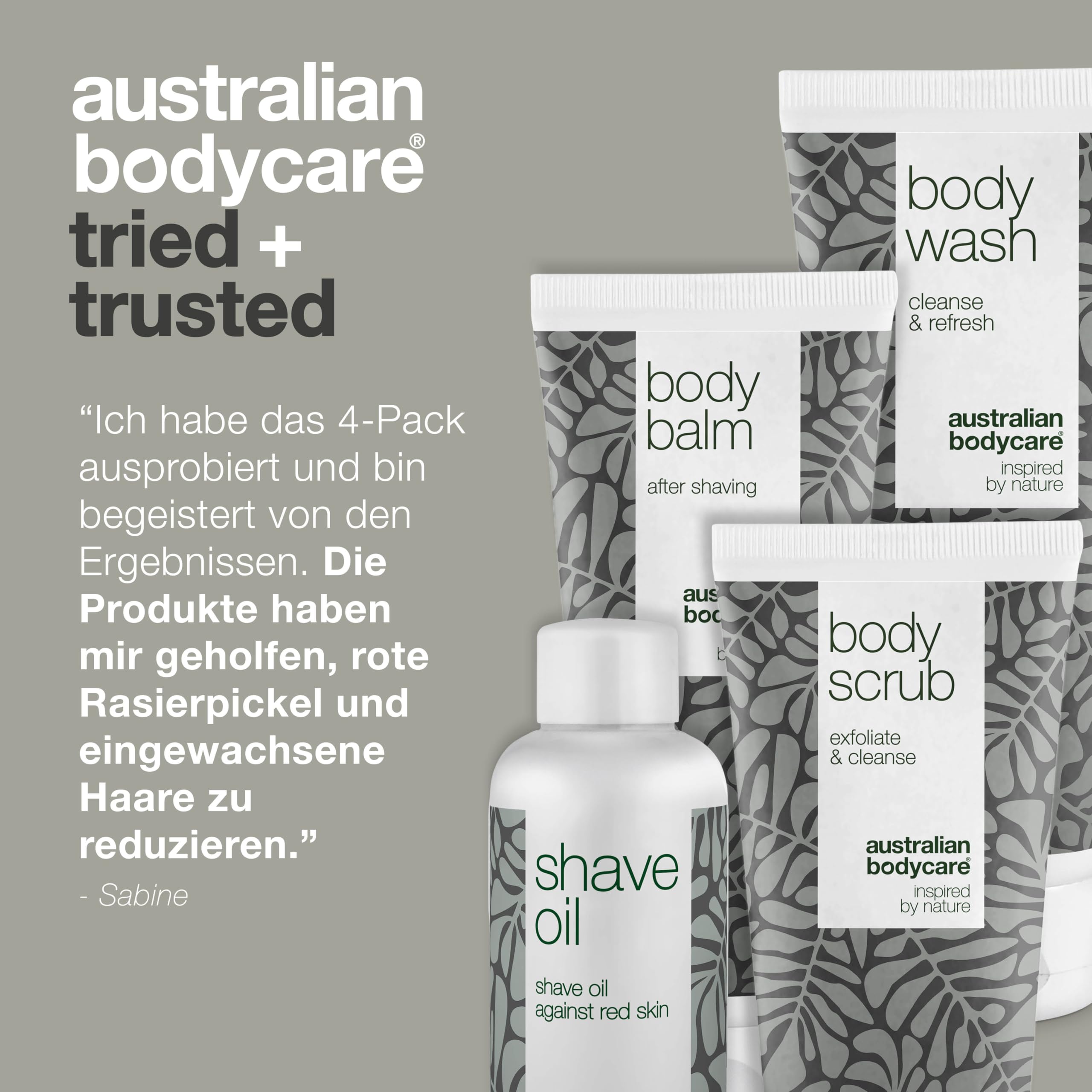 Rasur-Set für den ganzen Körper - Set mit Körperwaschgel, Peeling, Balsam und Rasieröl - Lösung für eine komfortable Rasur - Angereichert mit beruhigendem Teebaumöl - Perfekt für empfindliche Haut