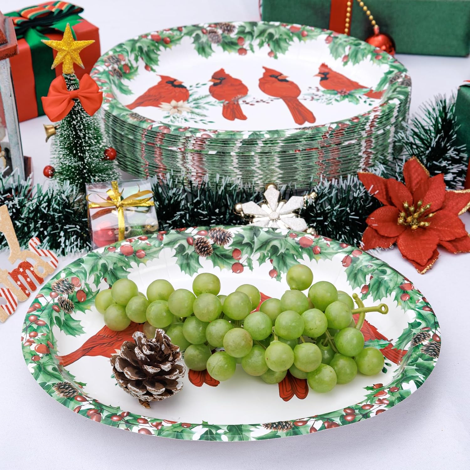 WDF300 Pieces Gold Plastic Silverware - Heavy Duty Disposable Gold Cutlery Set Plastic Gold Silverware Set50Pack Christmas Paper Plates - 10" x 12" Christmas Oval Paper Plates with Cardinal Bird