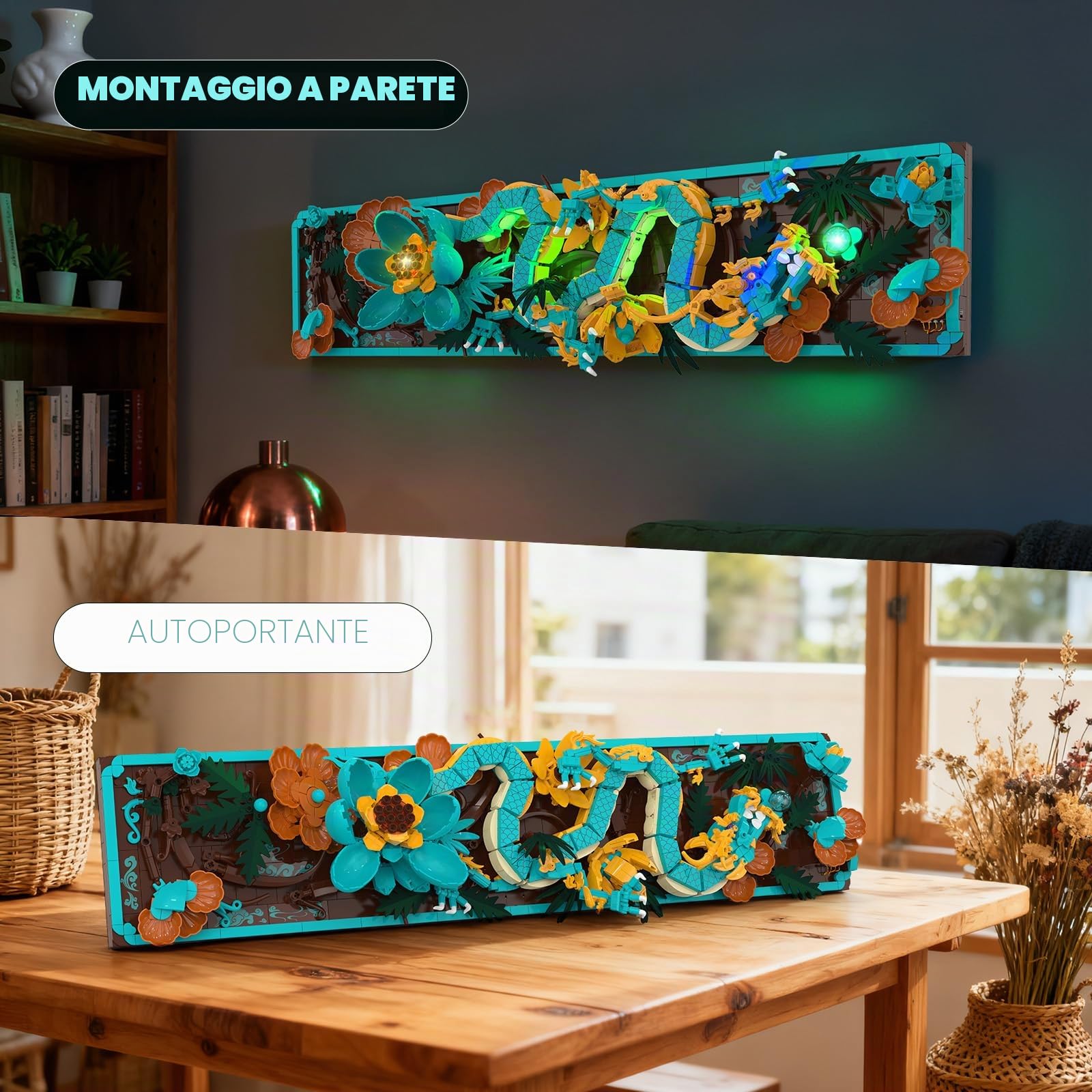 JMBricklayer Set di Piastrelle per Draghi Mitici con Blocchi di Costruzione a LED per Adulti 70019, Set per Arti Decorative da Parete, Giocattolo Drago con Fiori Kit di Blocchi di Costruzione per